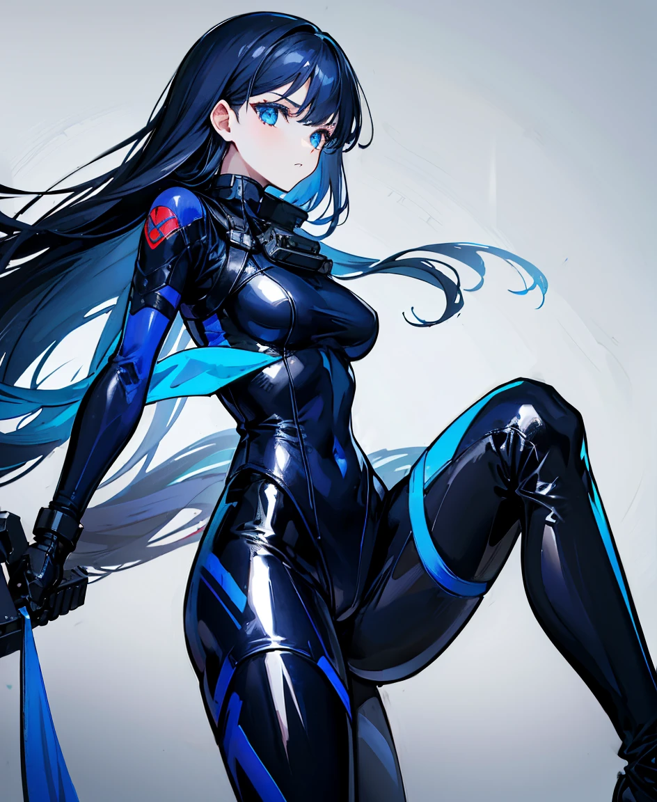 There is no background，girl，Carry a firearm，Patent leather tight suit，Use of firearms，Navy blue long hair，attention arousal，Blue colored eyes,No gradients