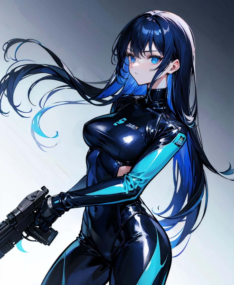 There is no background,girl,Carry a firearm,Patent leather tight suit,Use of firearms,Navy blue long hair,attention arousal,Blue colored eyes,No gradients