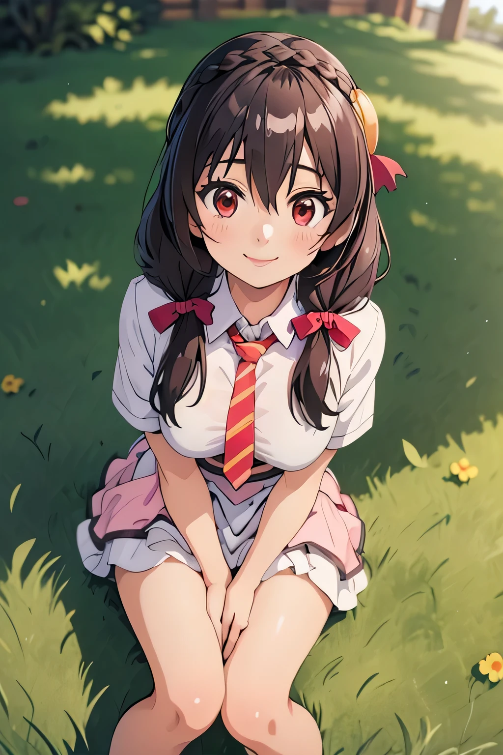 (masterpiece, highest quality), One girl, Yunyun,Long Hair,Braiding,Twin tails,Hair between the eyes,Hair Ribbon,hair ornaments,Slightly larger breasts,tie,Pink Skirt、Red Eyes、smile、Girl sitting on the grass、Upward glance、View from above