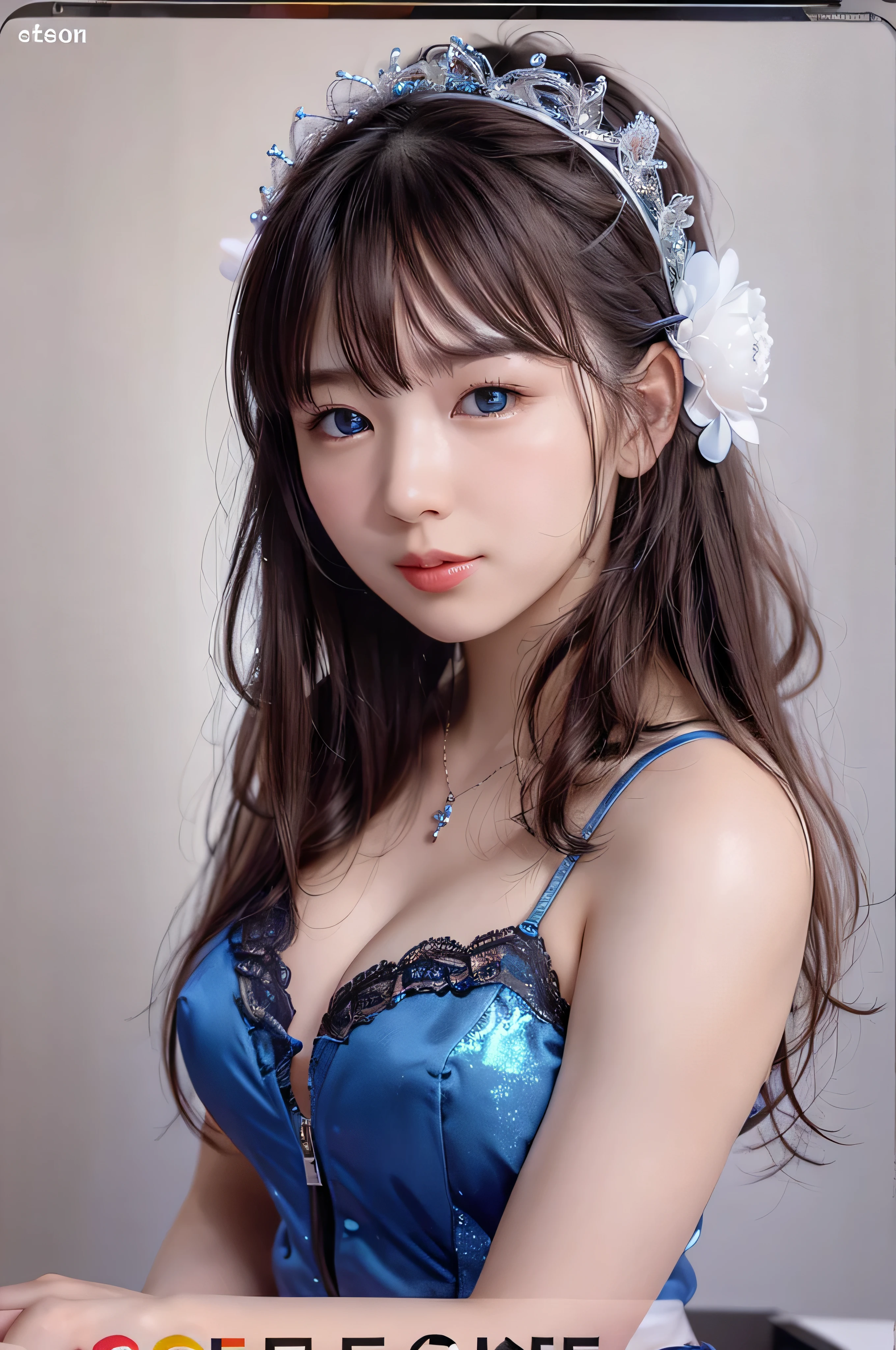 ８hair, Portraiture, Portraiture, (alone), masterpiece, highest quality, Blue glowing microphone、 (((slim)))、Flat body、Big Breasts、Cleavage, cute、Round face、、((Headshot closeup))、、、(Sparkling blue eyes)