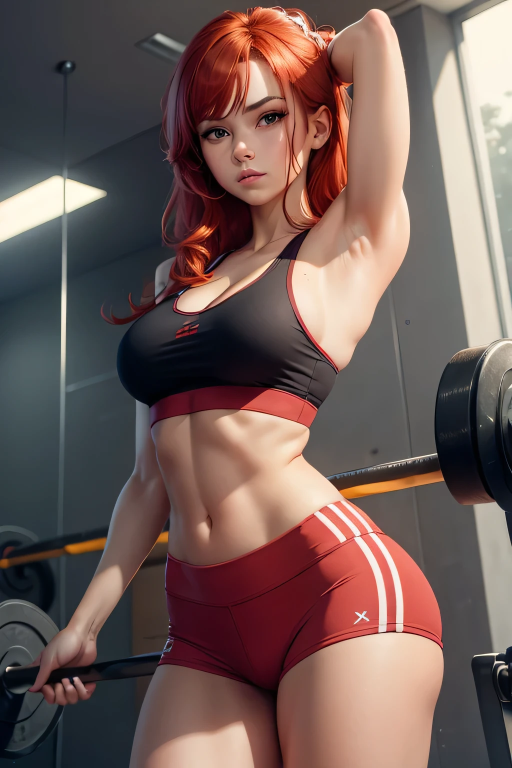 1 girl at the gym, red hair, face flushed, wearing yoga pants and a small bra, detailed image, high resolution, UHD