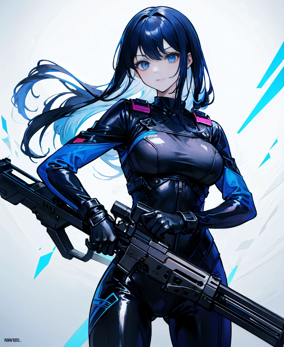 There is no background，girl，Carry a firearm，Patent leather tight suit，Use of firearms，Navy blue long hair，attention arousal，Blue colored eyes,No gradients