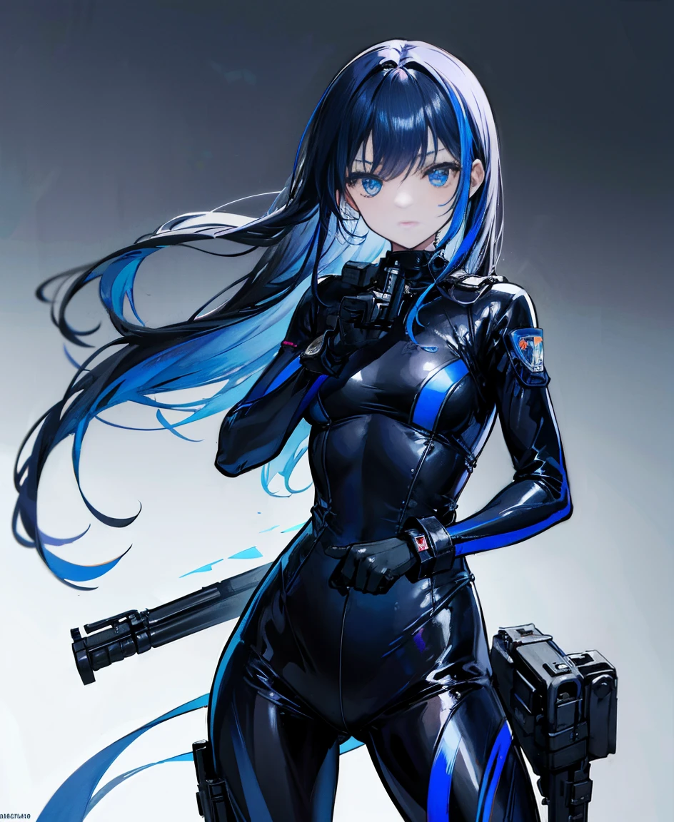 There is no background，girl，Carry a firearm，Patent leather tight suit，Use of firearms，Navy blue long hair，attention arousal，Blue colored eyes,No gradients