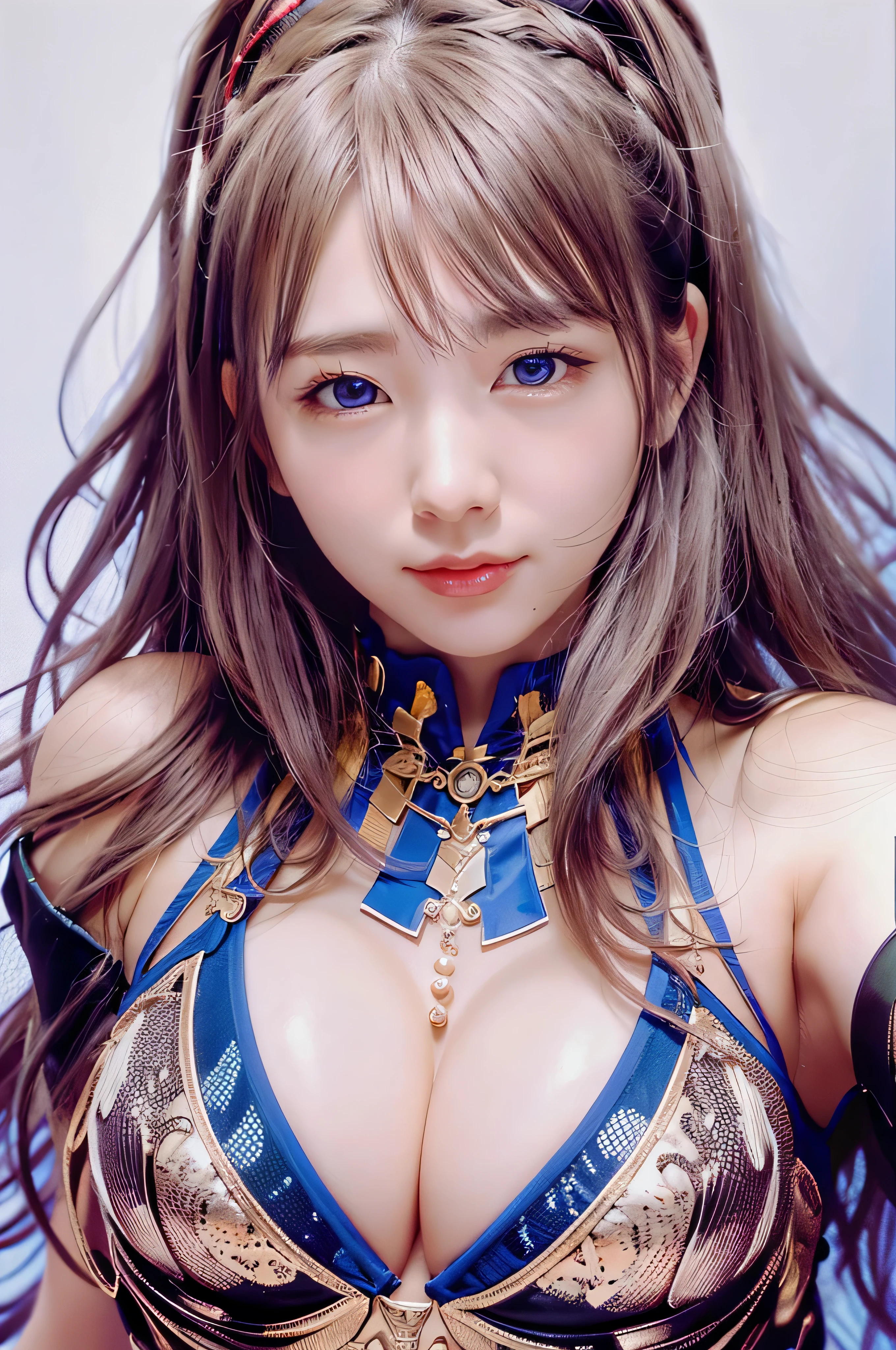 ８hair, Portraiture, Portraiture, (alone), masterpiece, highest quality, Blue glowing microphone、 (((slim)))、Flat body、Big Breasts、Cleavage, cute、Round face、、((Headshot closeup))、、、(Sparkling blue eyes)