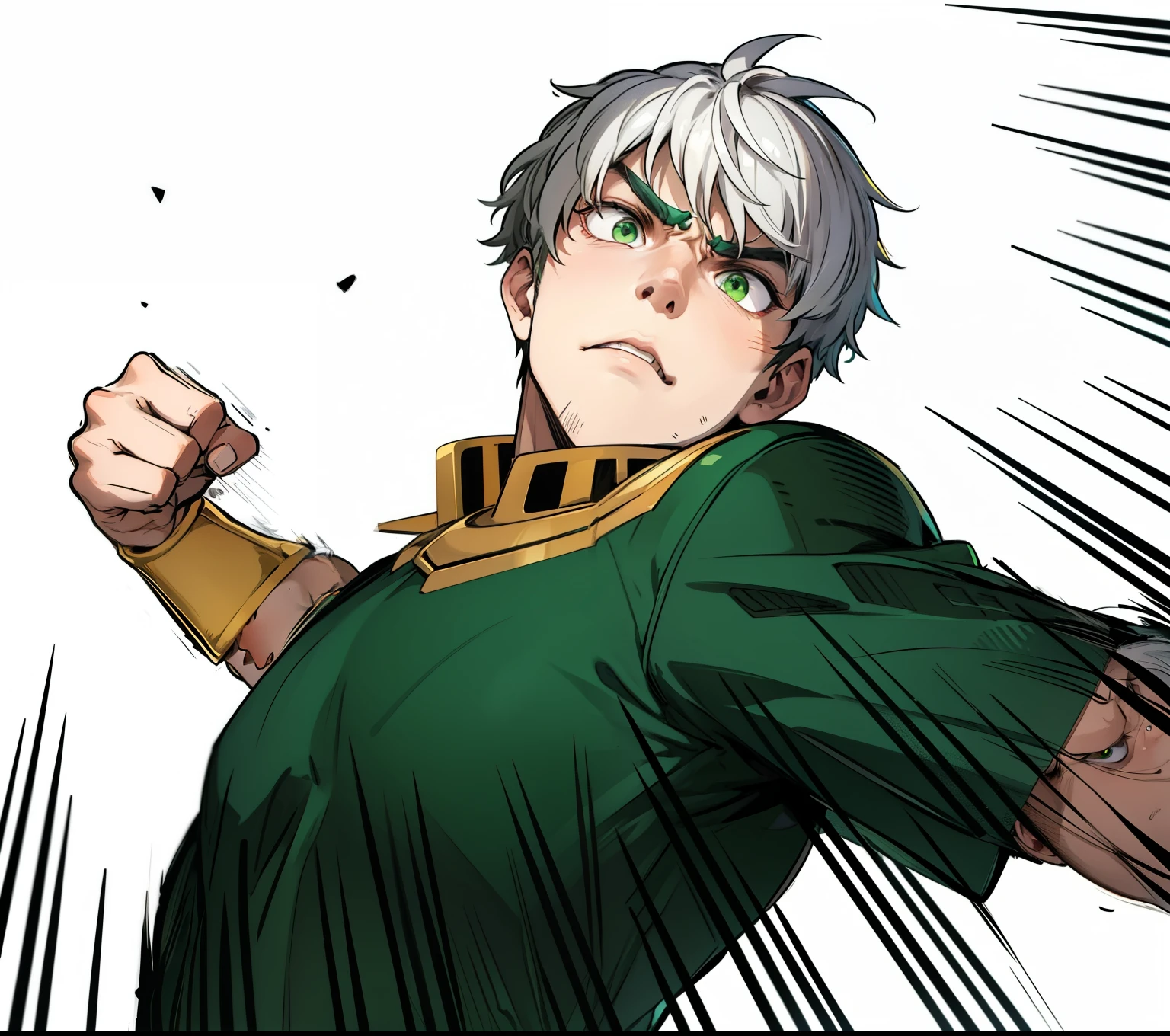 He is preparing to deliver a furious blow, his face is angry, he is angry, green eyes, golden jewelry, white hair, 17 years old.