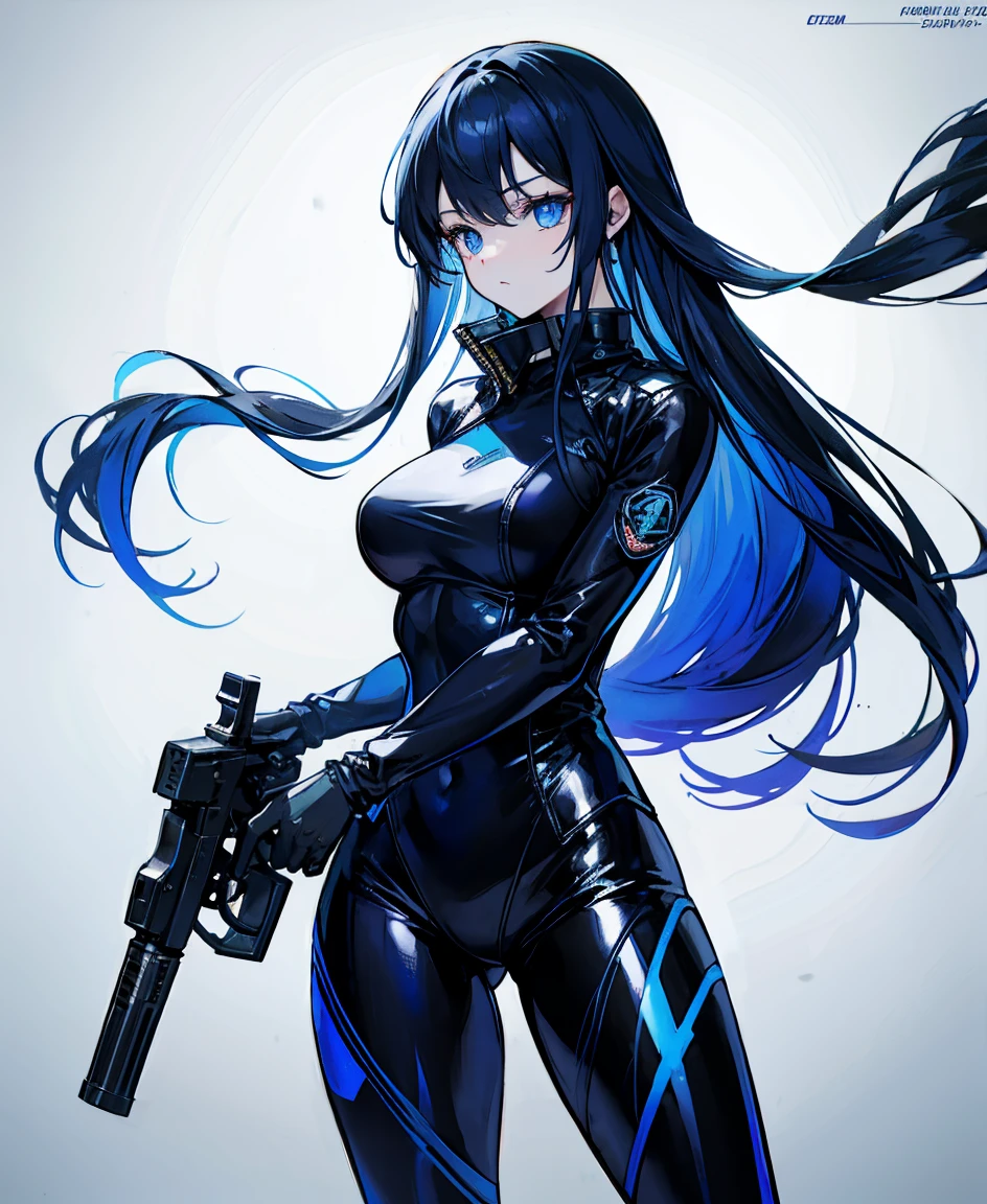 There is no background,girl,Carry a firearm,Patent leather tight suit,Use of firearms,Navy blue long hair,attention arousal,Blue colored eyes,No gradients