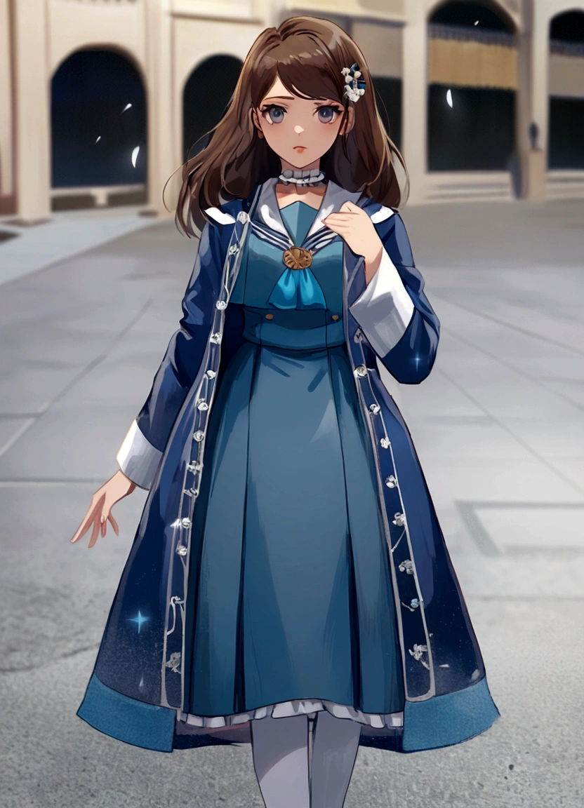 (hair swept bangs:1.3) (brown hair:1.3), a close up of a woman in a blue dress and white socks, loose coat collar sailor uniform, fantasy style clothing, sakimichan, japanese clothes, style anime, magical school student uniform, witchcore clothes, magic , lolita style, anime girl cosplay, jk uniform, victorian blue dress, decorative dark blue clothing, gloomy style, anime set style