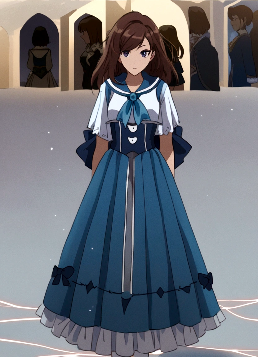 (hair swept bangs:1.3) (brown hair:1.3), a close up of a woman in a blue dress and white socks, loose coat collar sailor uniform, fantasy style clothing, sakimichan, japanese clothes, style anime, magical school student uniform, witchcore clothes, magic , lolita style, anime girl cosplay, jk uniform, victorian blue dress, decorative dark blue clothing, gloomy style, anime set style