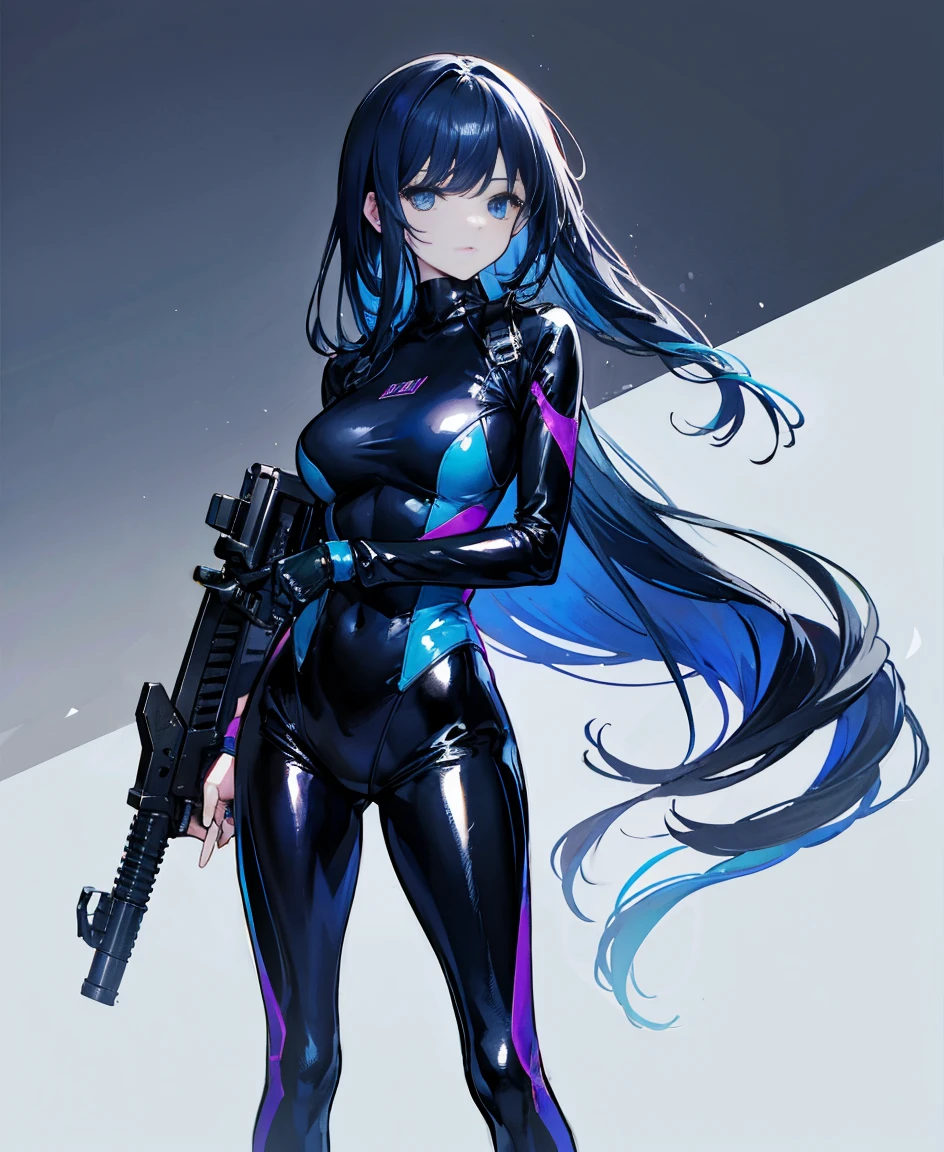 There is no background,girl,Carry a firearm,Patent leather tight suit,Use of firearms,Navy blue long hair,attention arousal,Blue colored eyes,No gradients