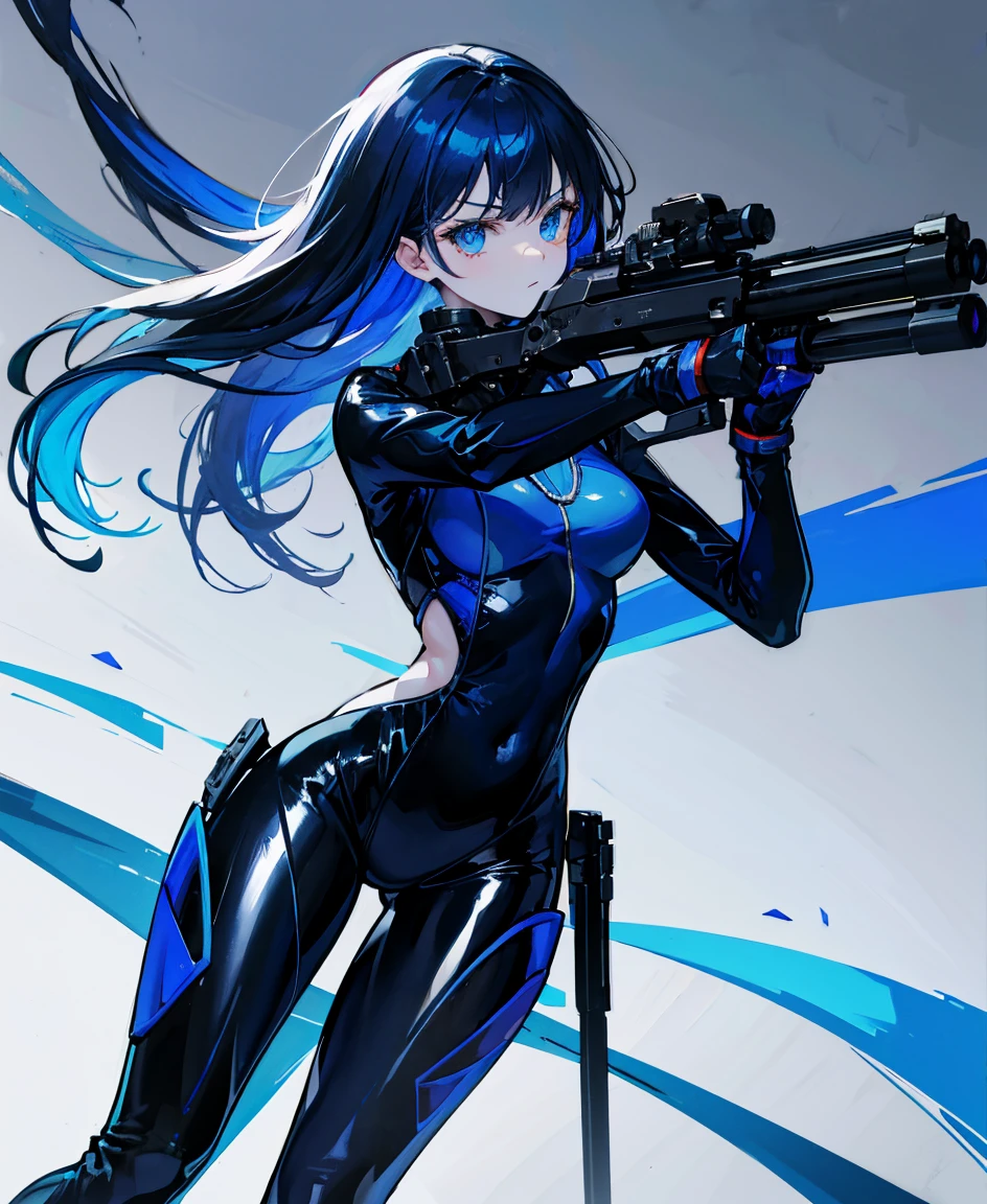 There is no background,girl,Carry a firearm,Patent leather tight suit,Use of firearms,Navy blue long hair,attention arousal,Blue colored eyes,No gradients