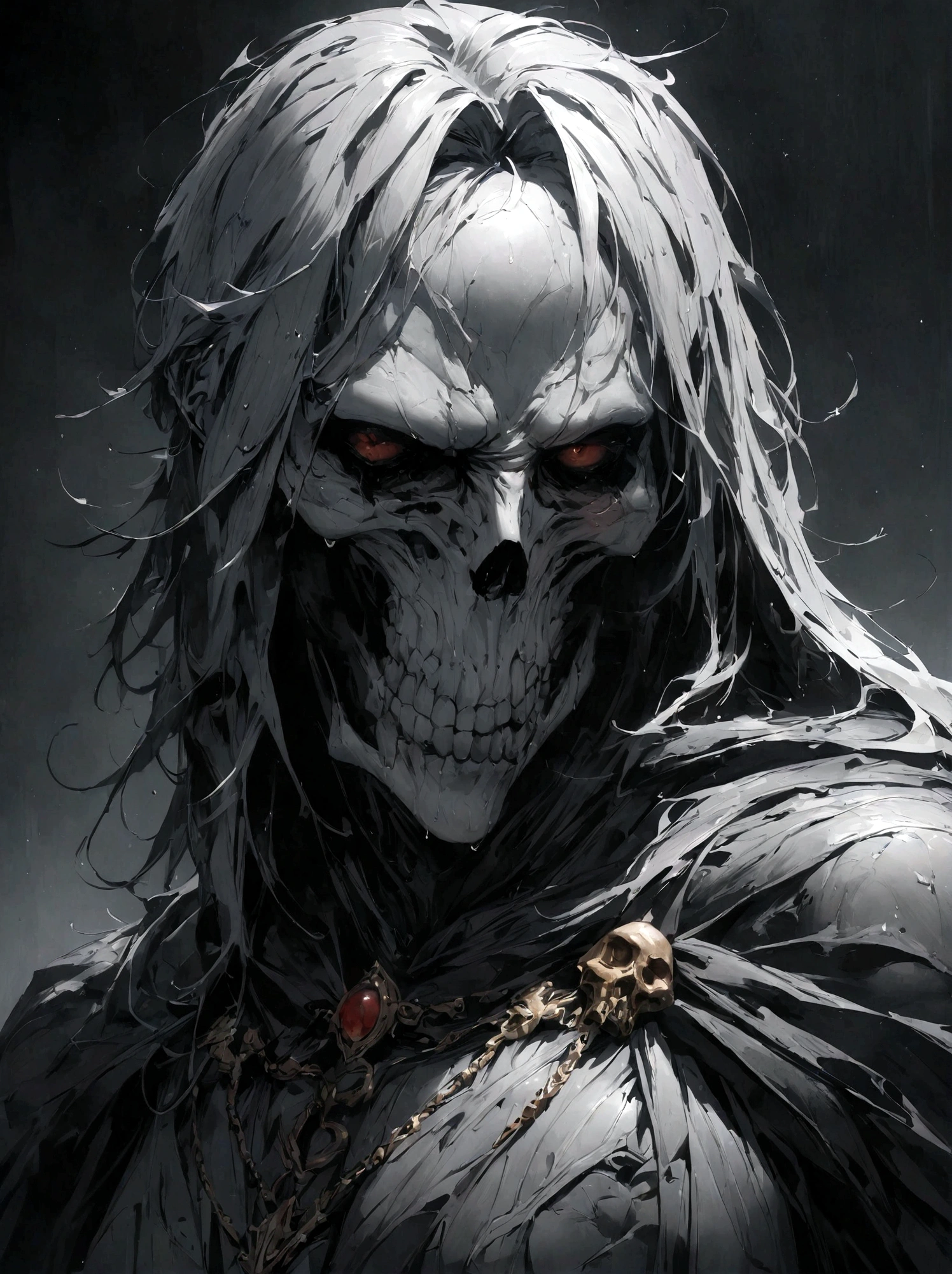 An undead paladin with a split jaw and empty eye sockets., gloomy atmosphere, putrefaction