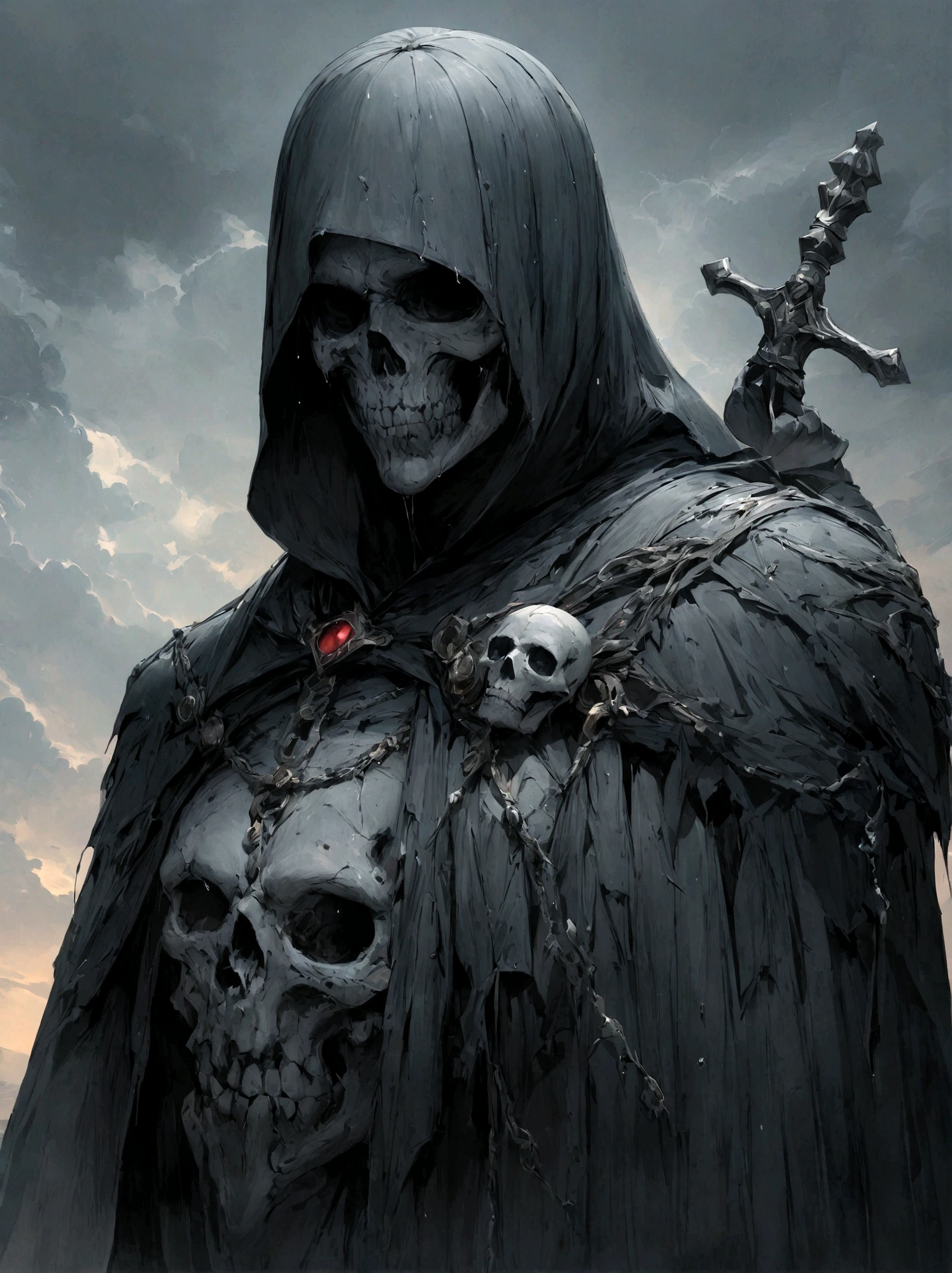 1boy,male focus, (kurosaki ichigo),grim Reaper,(White skull mask on face:1.5),Disheveled black hair,Black hakama pants,(On his shoulders he carried the Heavenly Lock and the Moon:1.3),(Black Tai Dao:1.3),Damaged clothes,outdoor,rain,Very aesthetic,illustration,Perfect composition,Wet skin,Intricate details, UHD, masterpiece, accurate, anatomically correct, textured skin, 8k