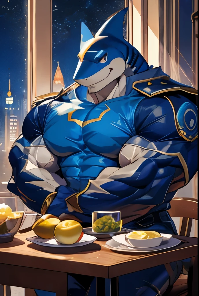 Room Background, table, window, night, Star, night lights, Lemon Jumbo Sand, super hero, hero, tights, Huge muscles, Huge pectoral muscles, Chiseled abdominal muscles, Huge pectoral muscles, Exaggerated huge muscles. A furry hero whose presence inspires trust and respect. (((His hero costume is black and sky-blue.)))，anthropology(shark)，Black eyes，big eyes，Anime style，For the audience。