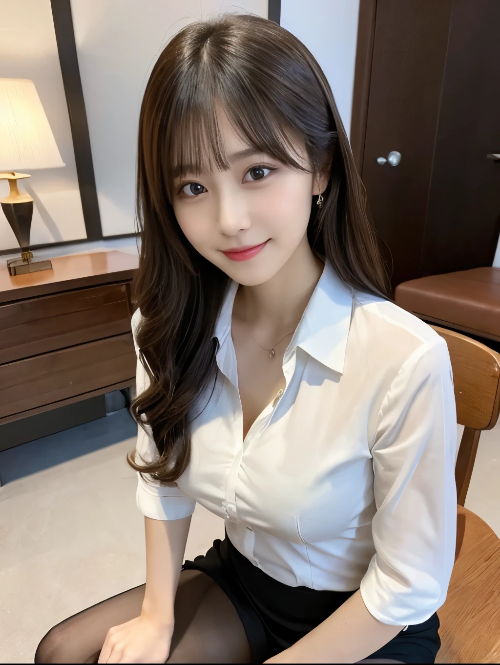 (Perfect Anatomy:1.2),Wearing a white open shirt,The front of the shirt is fluttering,Sexy woman sitting on a chair, Wearing pantyhose, Crossing your legs, lower angle, Elegant legs, She wore a miniskirt secretary-style suit., Japanese actress, born,(8k、highest quality、masterpiece:1.2)、(Intricate details:1.4)、(Photorealistic:1.4)、Octane Rendering、Complex 3D rendering with ultra-detail, Studio Soft Light, Rim Light, Vivid details, Super Detail, Realistic skin texture, Detailed and beautiful face, Beautiful details in the eyes, Highly detailed CG Unity 16k wallpaper, compensate, (Detailed Background:1.2),Glowing Skin,Wavy long hair with no bangs,Random Hairstyles,Cute face:1.2,Age 20,Exposed thighs!!!,Smiling,