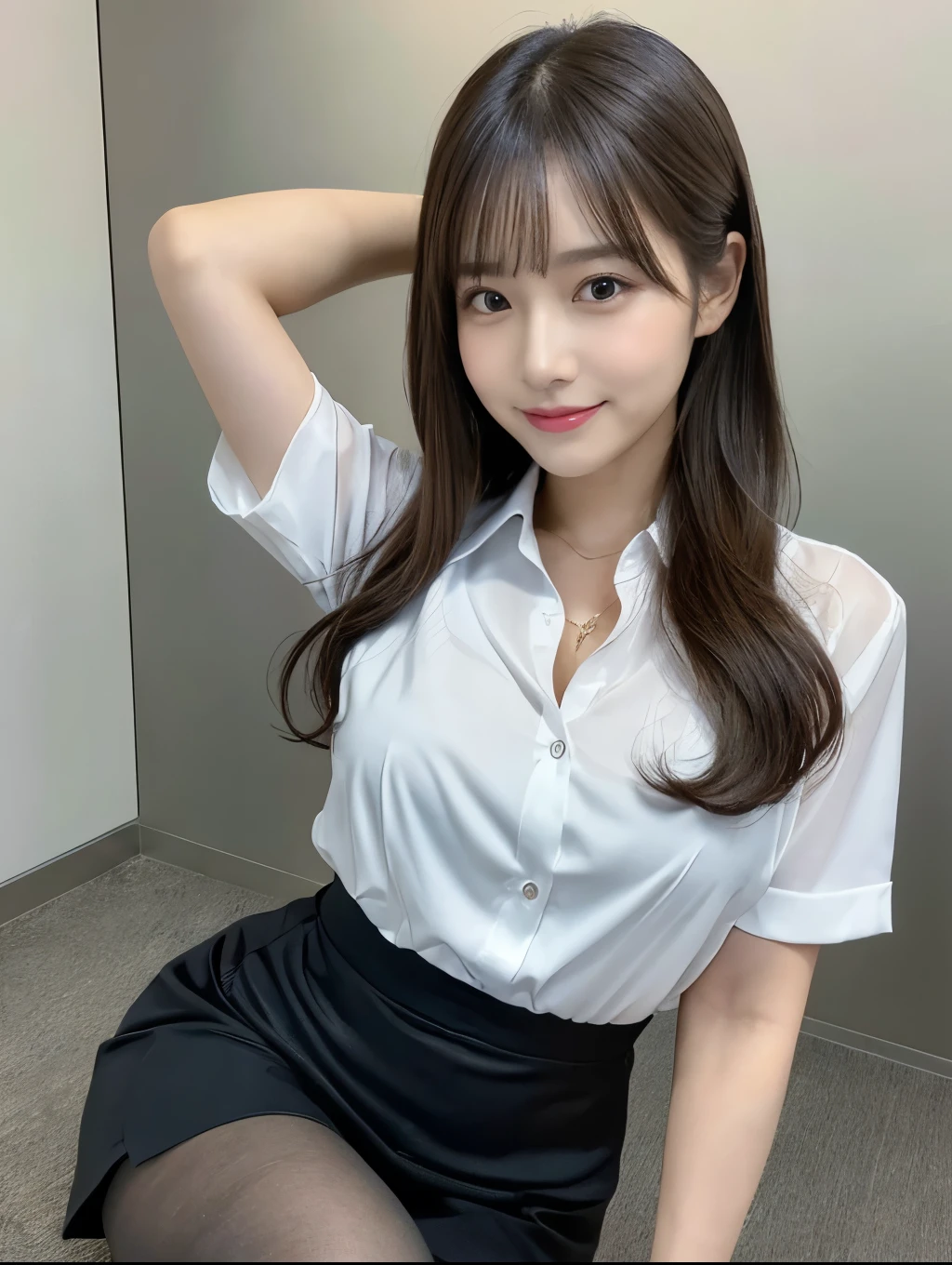 (Perfect Anatomy:1.2),Wearing a white open shirt,The front of the shirt is fluttering,Sexy woman sitting on a chair, Wearing pantyhose, Crossing your legs, lower angle, Elegant legs, She wore a miniskirt secretary-style suit., Japanese actress, born,(8k、highest quality、masterpiece:1.2)、(Intricate details:1.4)、(Photorealistic:1.4)、Octane Rendering、Complex 3D rendering with ultra-detail, Studio Soft Light, Rim Light, Vivid details, Super Detail, Realistic skin texture, Detailed and beautiful face, Beautiful details in the eyes,compensate, (Detailed Background:1.2),Glowing Skin,Wavy long hair with no bangs,Random Hairstyles,Cute face:1.2,Age 20,Exposed thighs!!!,Smiling,