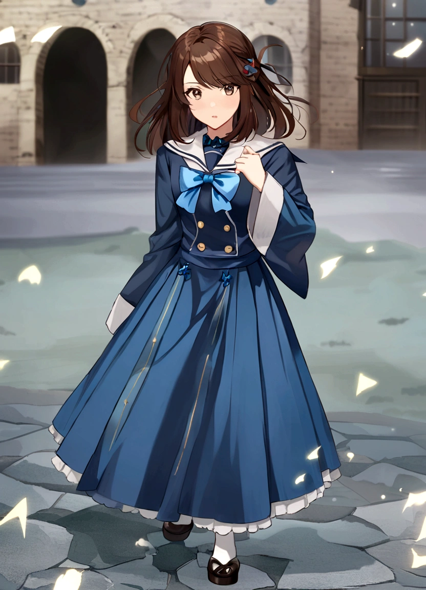 (hair swept bangs:1.3) (brown hair:1.3), a close up of a woman in a blue dress and white socks, loose coat collar sailor uniform, fantasy style clothing, sakimichan, japanese clothes, style anime, magical school student uniform, witchcore clothes, magic , lolita style, anime girl cosplay, jk uniform, victorian blue dress, decorative dark blue clothing, gloomy style, anime set style