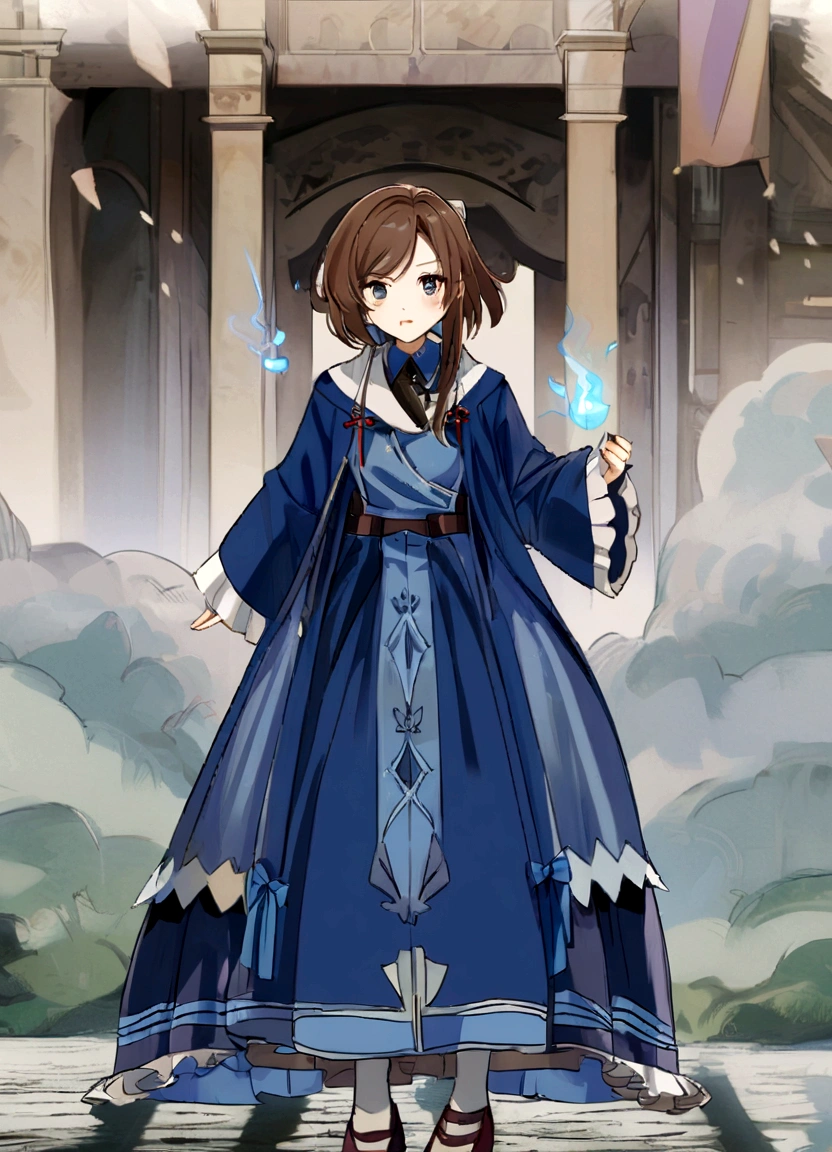(hair swept bangs:1.3) (brown hair:1.3), a close up of a woman in a blue dress and white socks, loose coat collar sailor uniform, fantasy style clothing, sakimichan, japanese clothes, style anime, magical school student uniform, witchcore clothes, magic , lolita style, anime girl cosplay, jk uniform, victorian blue dress, decorative dark blue clothing, gloomy style, anime set style