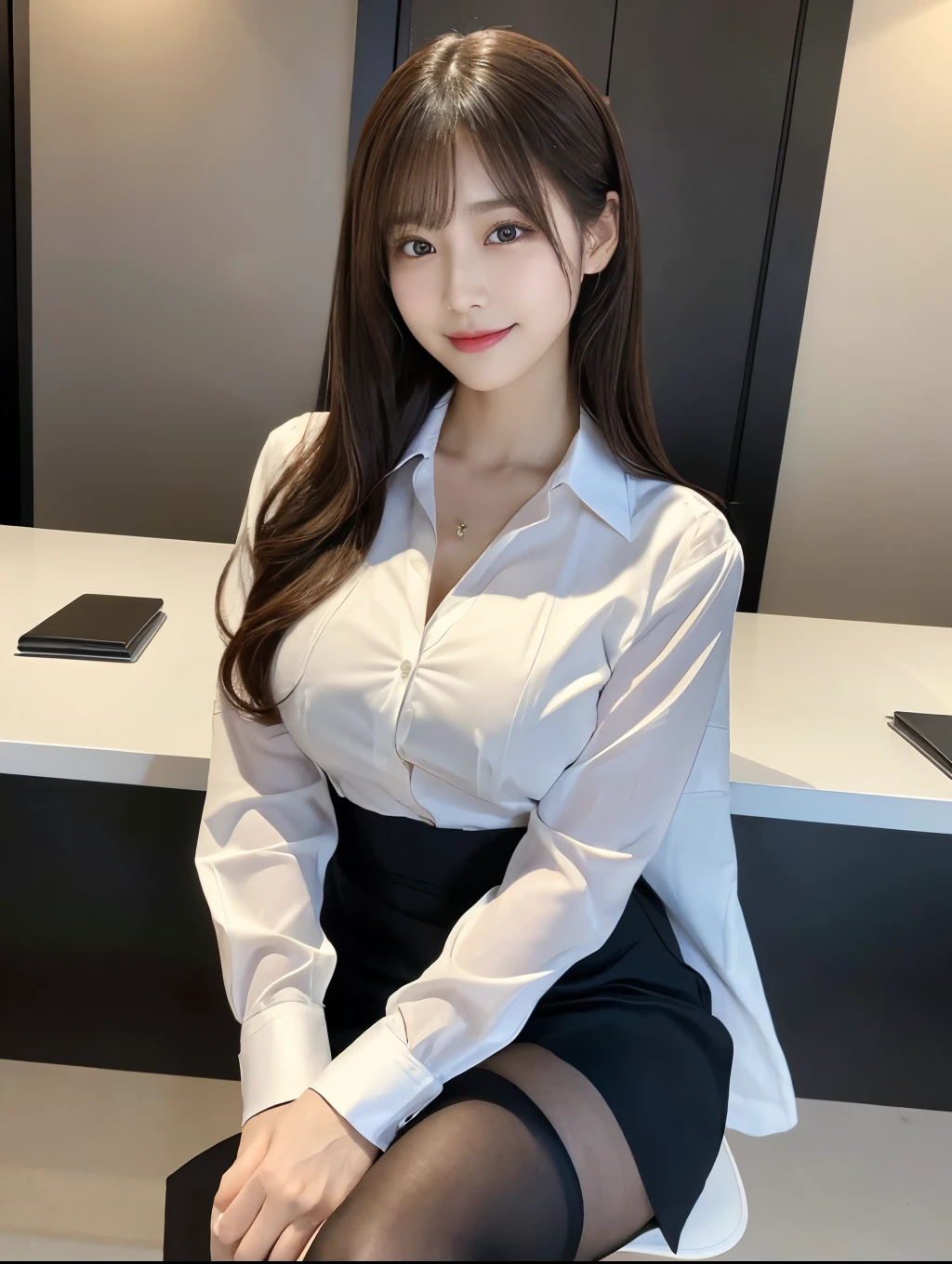(Perfect Anatomy:1.2),Wearing a white open shirt,The front of the shirt is fluttering,Sexy woman sitting on a chair, Succubus,Wearing pantyhose, Crossing your legs, lower angle, Elegant legs, She wore a miniskirt secretary-style suit., Japanese actress, born,(8k、highest quality、masterpiece:1.2)、(Intricate details:1.4)、(Photorealistic:1.4)、Octane Rendering、Complex 3D rendering with ultra-detail, Studio Soft Light, Rim Light, Vivid details, Super Detail, Realistic skin texture, Detailed and beautiful face, Beautiful details in the eyes,compensate, (Detailed Background:1.2),Glowing Skin,Wavy long hair with no bangs,Random Hairstyles,Cute face:1.2,Age 20,Exposed thighs!!!,Smiling,
