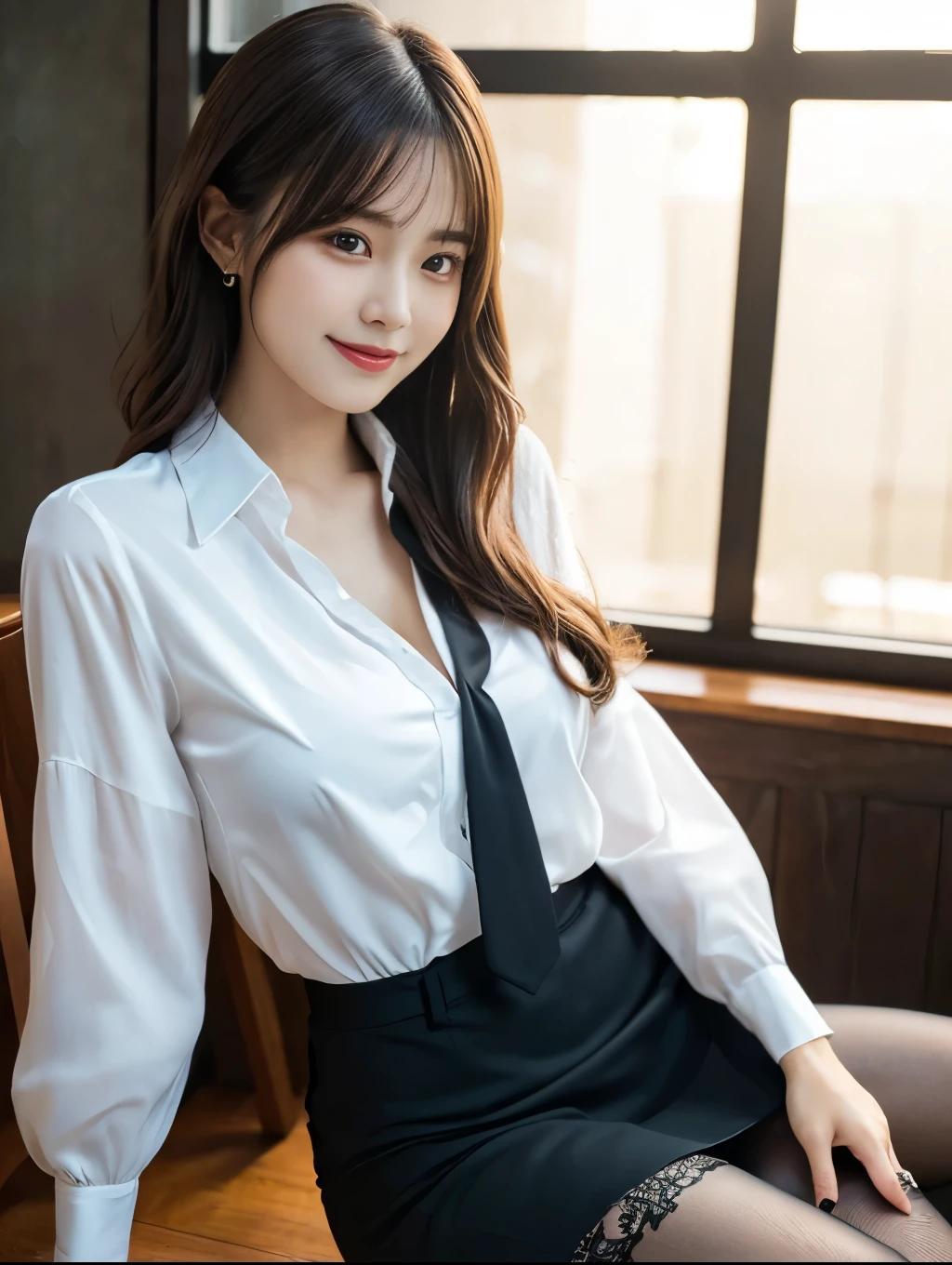 (Perfect Anatomy:1.2),Wearing a white open shirt,The front of the shirt is fluttering,y woman sitting on a chair, Succubus,Wearing pane, Crossing your legs, lower angle, Elegant legs, She wore a miniskirt secretary-style suit., Japanese actress, born,(8k、highest quality、masterpiece:1.2)、(Intricate details:1.4)、(Photorealistic:1.4)、Octane Rendering、Complex 3D rendering with ultra-detail, Studio Soft Light, Rim Light, Vivid details, Super Detail, Realistic skin texture, Detailed and beautiful face, Beautiful details in the eyes,compensate, (Detailed Background:1.2),Glowing Skin,Wavy long hair with no bangs,Random Hairstyles,Cute face:1.2,Age 20,Ed thighs,Smiling,