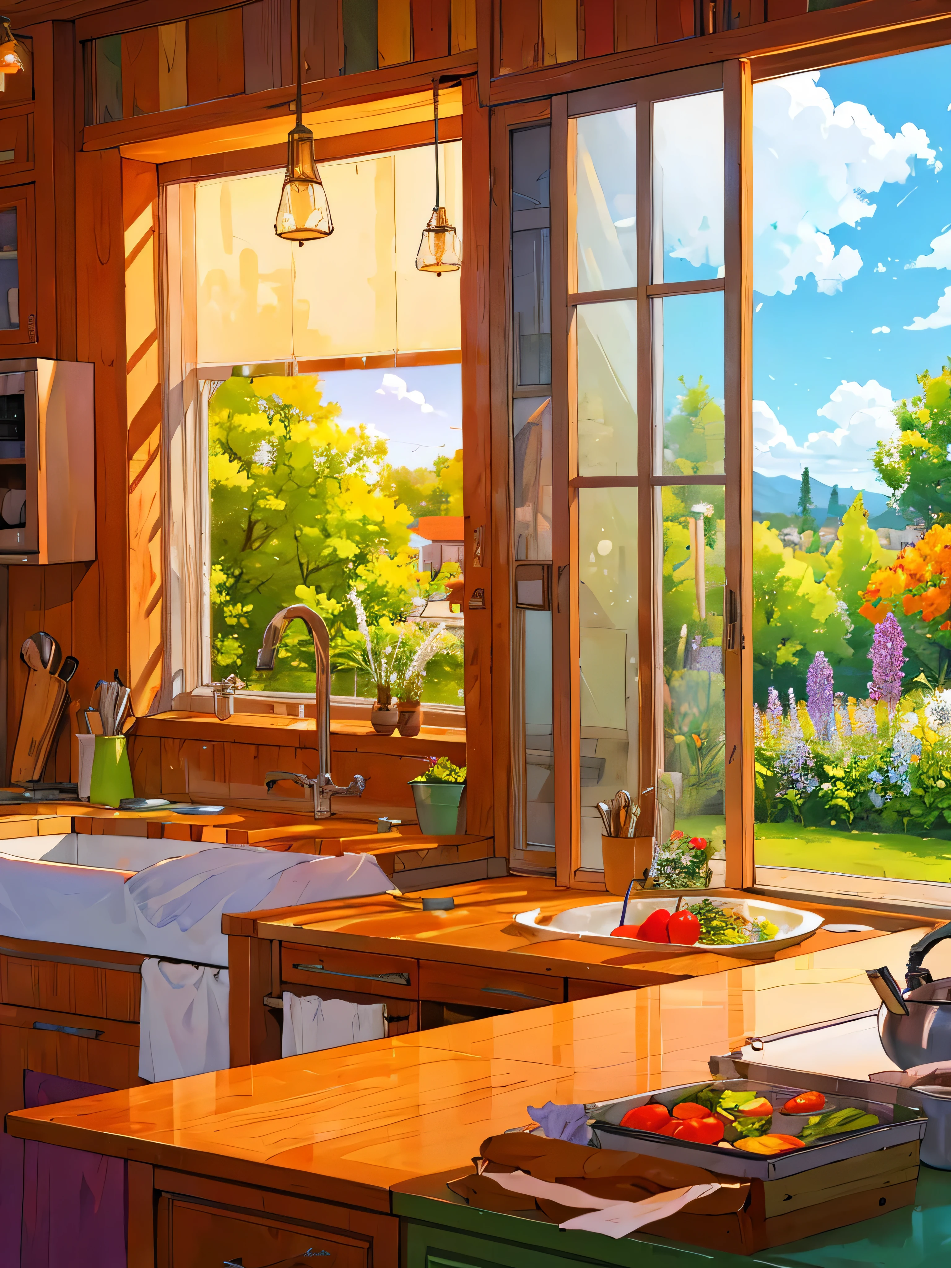 Kitchen with vegetables, flower park and trees view from window, sparkling, vibrant colors ,highly detailed, highly sharpened, masterpiece quality