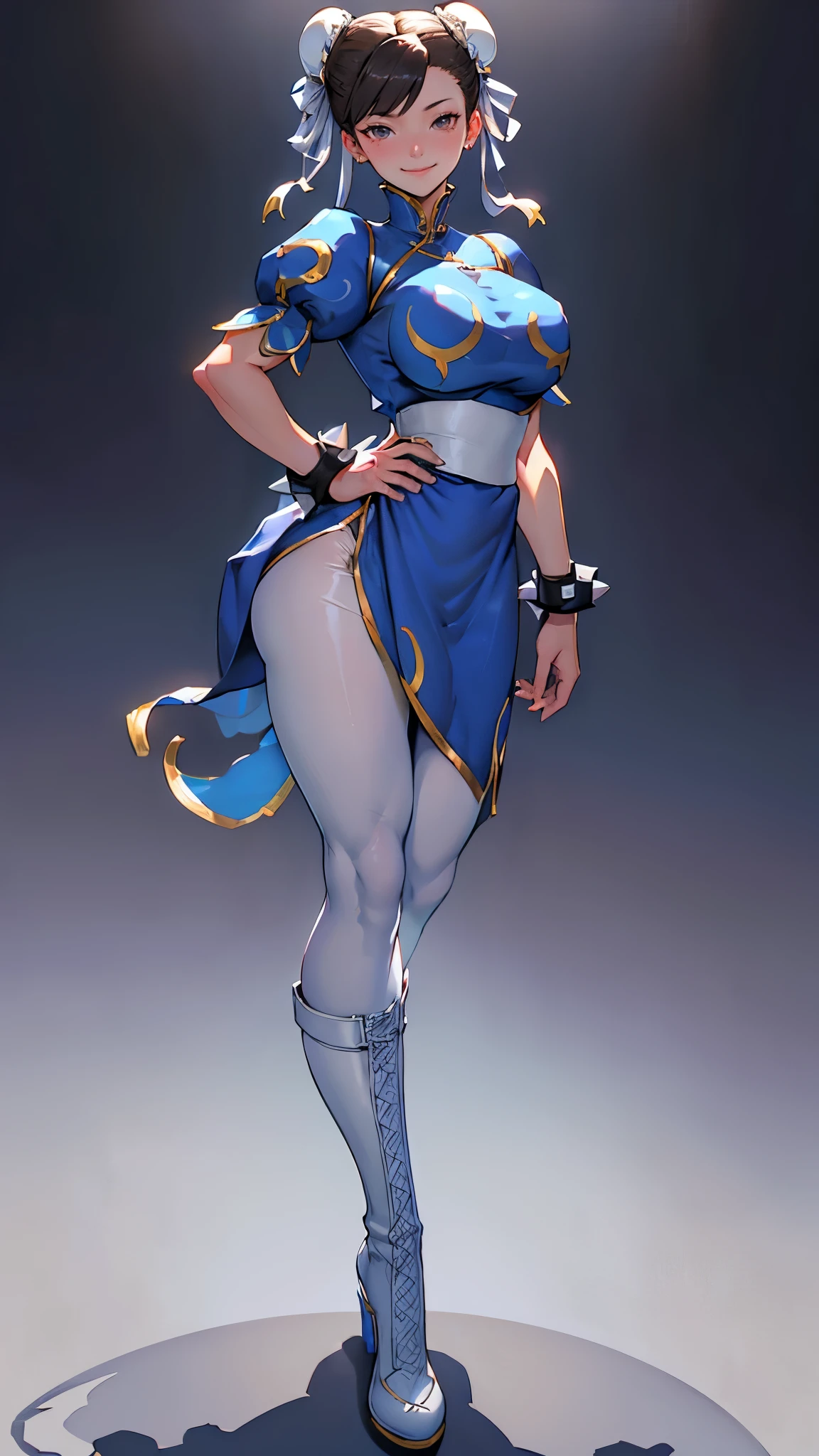 (masterpiece, best quality, realistically, Work, super detailed, 8k), chun-li,Beautiful young woman in blue dress，Smile，white boots，Exquisite facial features，tie hair, black leggings，Blue clothes, blue skirt, ，front standing posture ，facing the audience，full body portrait，gray background