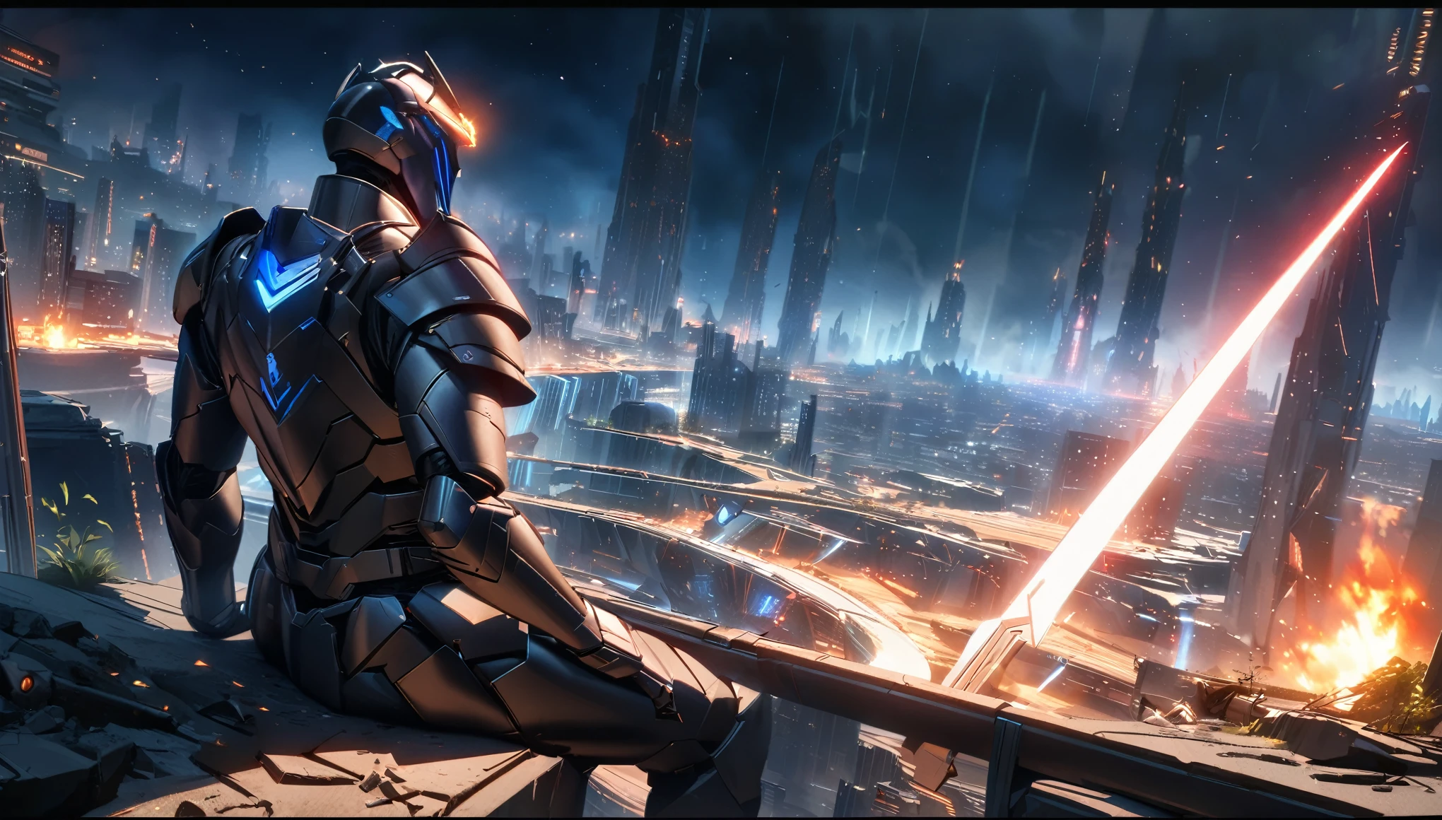 science fiction scenery, anime aestetcs, knight sitting near the bonefire, with a gigantic titanium sword behind his back, sci-fi armor, glowing element on the armor, black and dark blue armor colors, eyes glowing blue, nightt ime, broken city lights, scene after a fight, resting warrior, sad atmosphere, dystopia future city, broken robots lying around, bonefire, from side, pov, best quality, highres, 8k, award winning, high details, super detail, anatomically correct, accurate, UHD, masterpiece