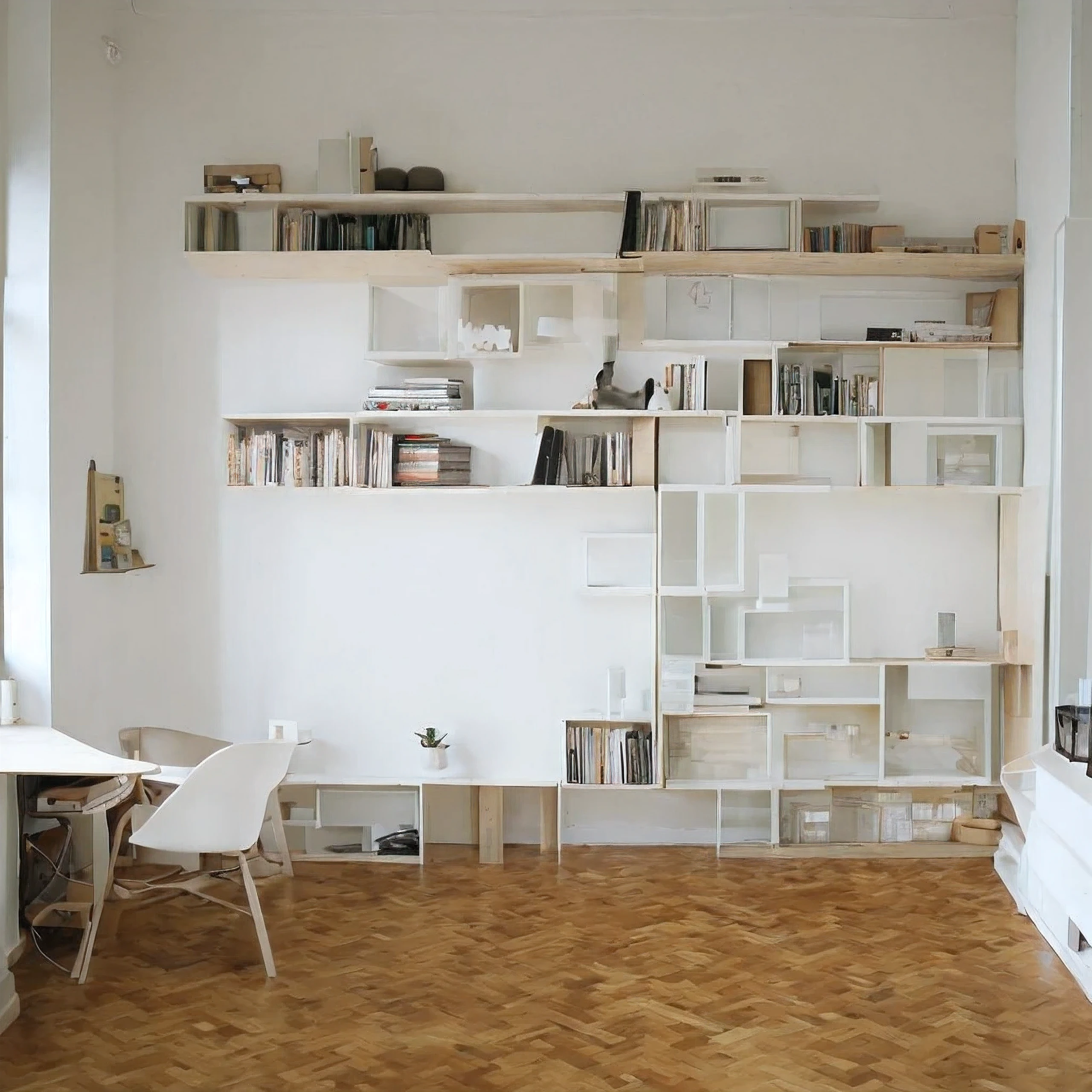 Studio in the apartment、White wall、Flooring、window、bright、shelf