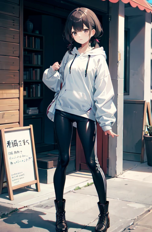 low twintails,, ultra detailed, masterpiece, best quality, aesthetic, detailed,, solo, 1girl, swept bangs, parted bangs, short hair, small breasts, (tsurime:1.2), (low twintails:1.35),, leggings, long shirt, combat boots, hoodie,