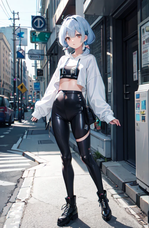 low twintails,, ultra detailed, masterpiece, best quality, aesthetic, detailed,, solo, 1girl, swept bangs, parted bangs, short hair, small breasts, (tsurime:1.2), (low twintails:1.35),, leggings, long shirt, combat boots, hoodie,