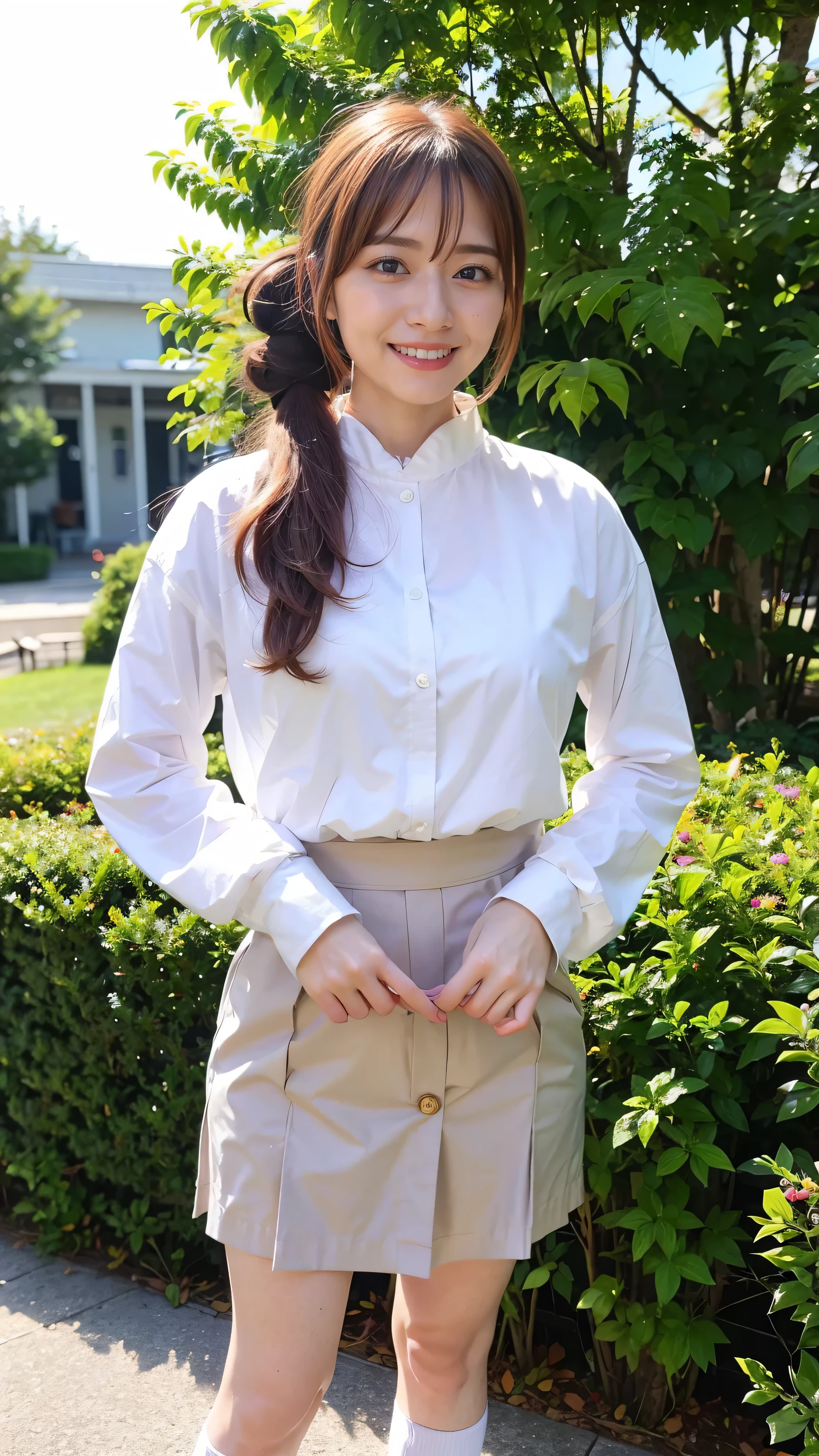 (8k、RAW Photos、highest quality、masterpiece:1.2)、(Realistic、Realistic)、1 girl、((Jacket、smile、Check mini skirt、Knee socks、ponytail、See-through、ribbon、Large Breasts、whole body、loafers、garden、View from the front、looking at the camera、Standing with hands on hips))、