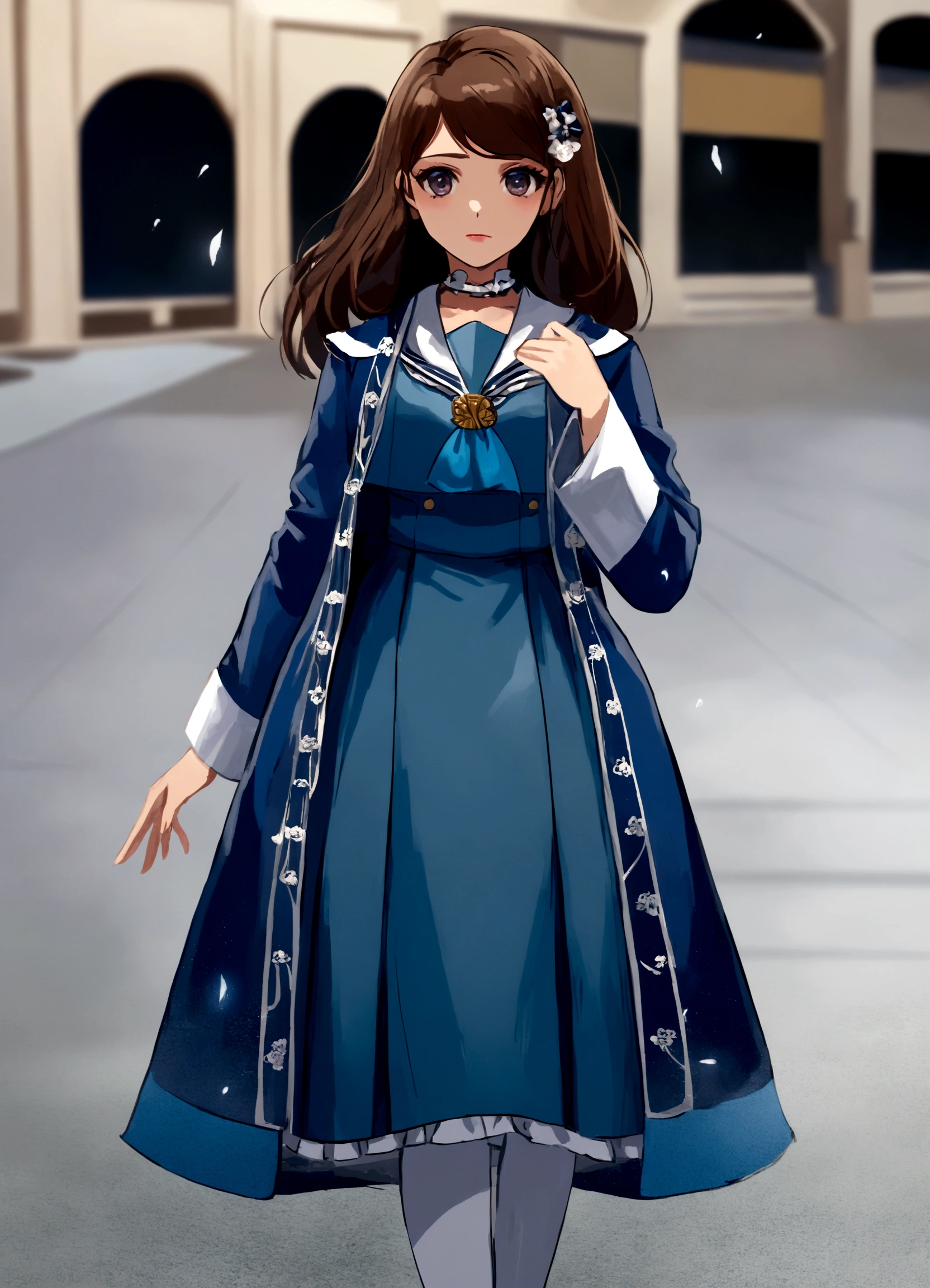 (hair swept bangs:1.3) (brown hair:1.3), a close up of a woman in a blue dress and white socks, loose coat collar sailor uniform, fantasy style clothing, sakimichan, japanese clothes, style anime, magical school student uniform, witchcore clothes, magic , ta style, anime girl cosplay, jk uniform, victorian blue dress, decorative dark blue clothing, gloomy style, anime set style