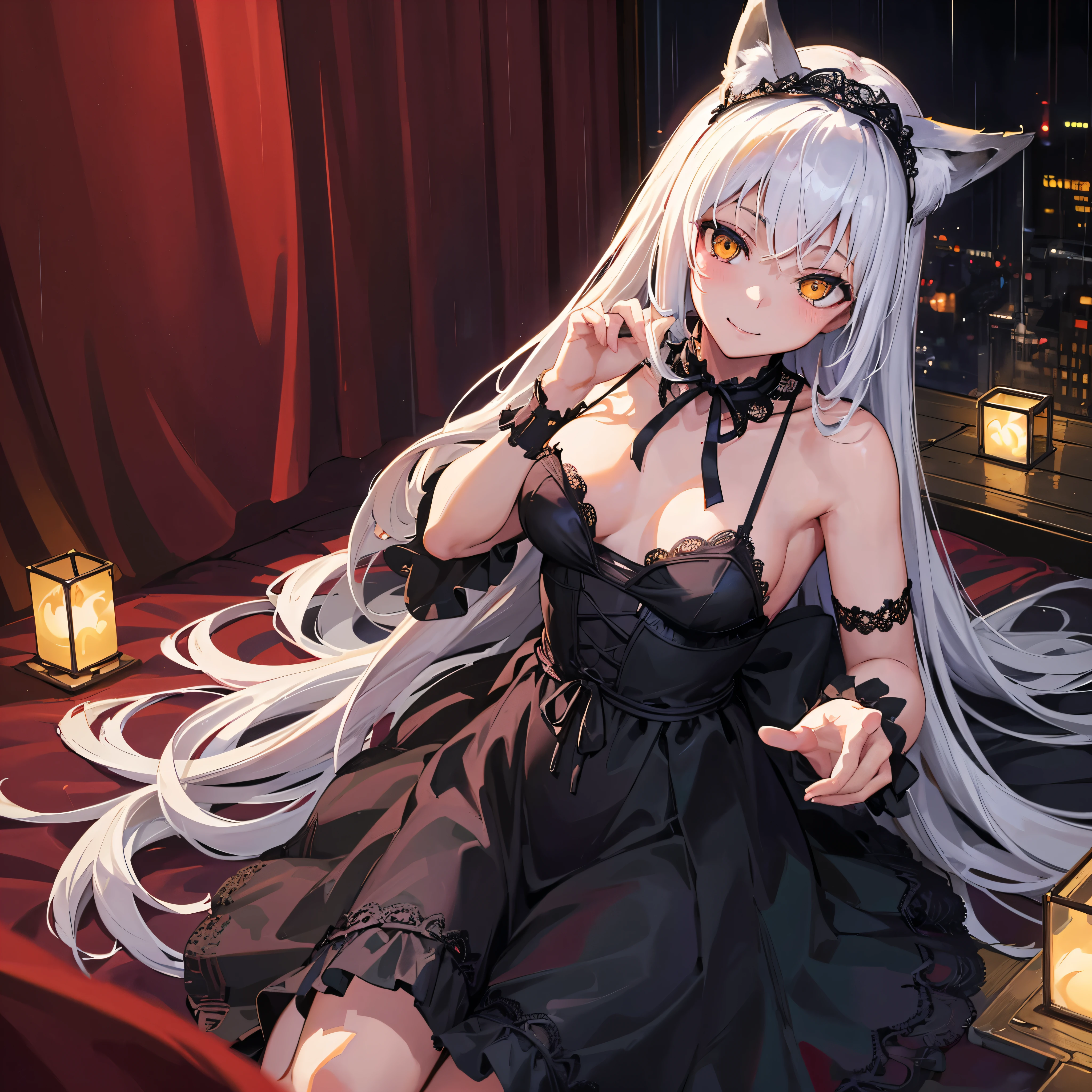 masterpiece, highest quality, Perfect Face, Highest Resolution, Highest quality,Detailed depiction of the eyes, foxy, 1 girl, young, slender body, small breasts, White Hair, Long Hair, one side braid grated, Big cat eyes, Yellow Eyes, Perfect Anatomy, Black ribbon choker, sleeveless black lace dress, lace hem, headpiece, Bare arms, temptation, provocative, enchanted smile, Future City, Red Light District, night, rain, indoor, bed room, Have a pillow