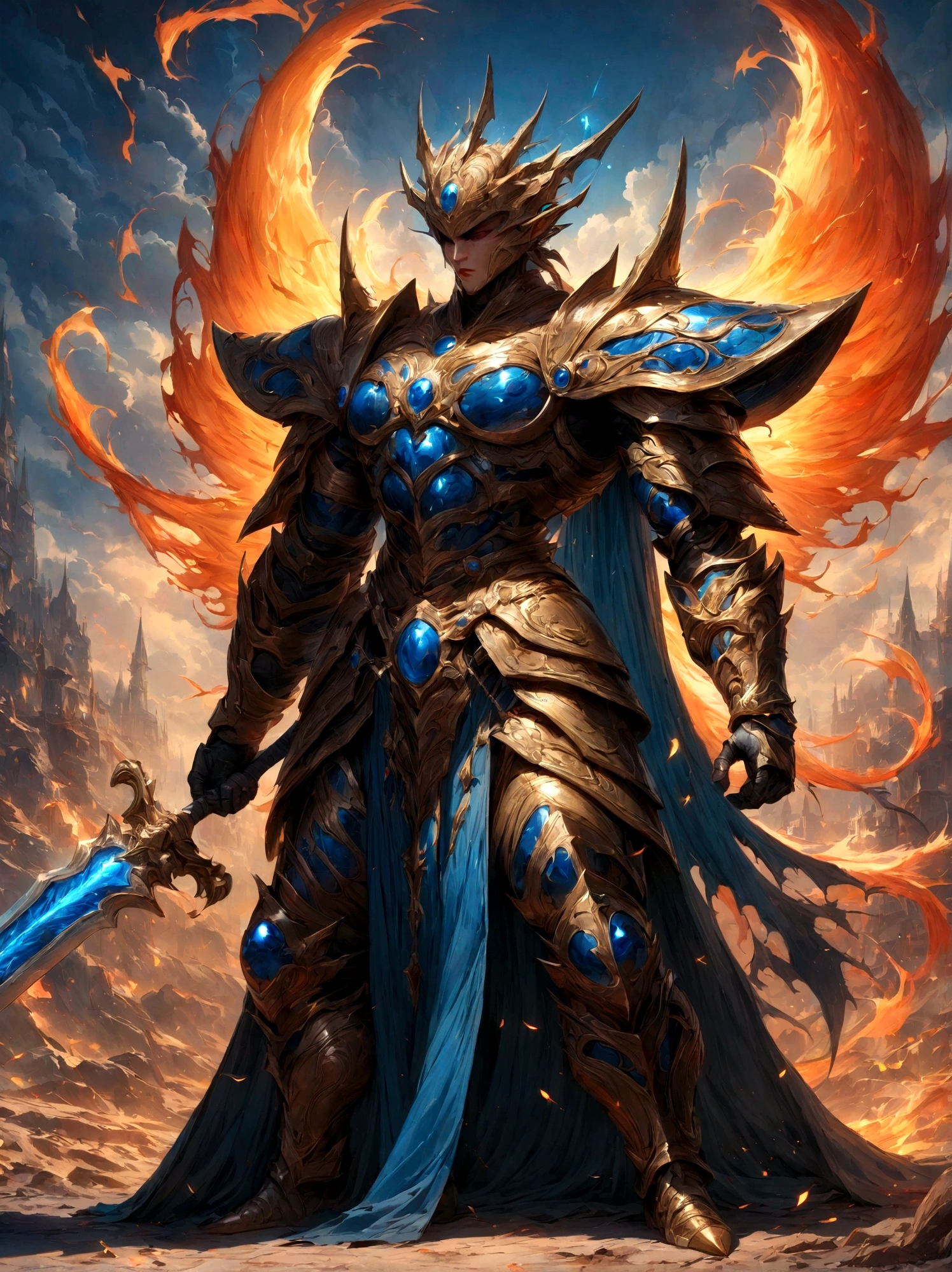 middle Ages,Fantasy scene,Fierce Dragon Ball Fighter,Sun Wukong,Wear gorgeous armor,A blue gemstone is inlaid on the chest,Holding a large sword,The background echoes the warrior's magical nature with vibrant energy fields and sparks.,full-body shot,Cartoon Style,Super Detail,Anatomically correct, masterpiece, accurate, textured skin, super detail, high details, award winning, 8k