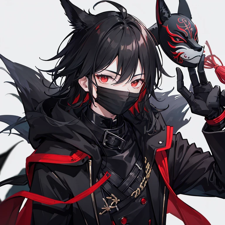 1boy, 8k, best quality, good quality, masterpiece, (stunning black long hair:1.2), heterochromia, (dark blue right eye:1.3), (red left eye: 1.3), (dark theme:1.3), (dark atmosphere:1.3), wild hair, glowing eyes, cat ears, energy wolf in background, high resolution, Anime boy with black hair and dark blue eyes stares at camera, Glowing dark blue eyes, slim, dressed in a sexy black outfit, Shadow Body, monochromes, hair messy, Aggressive smile, transparent pantyhose