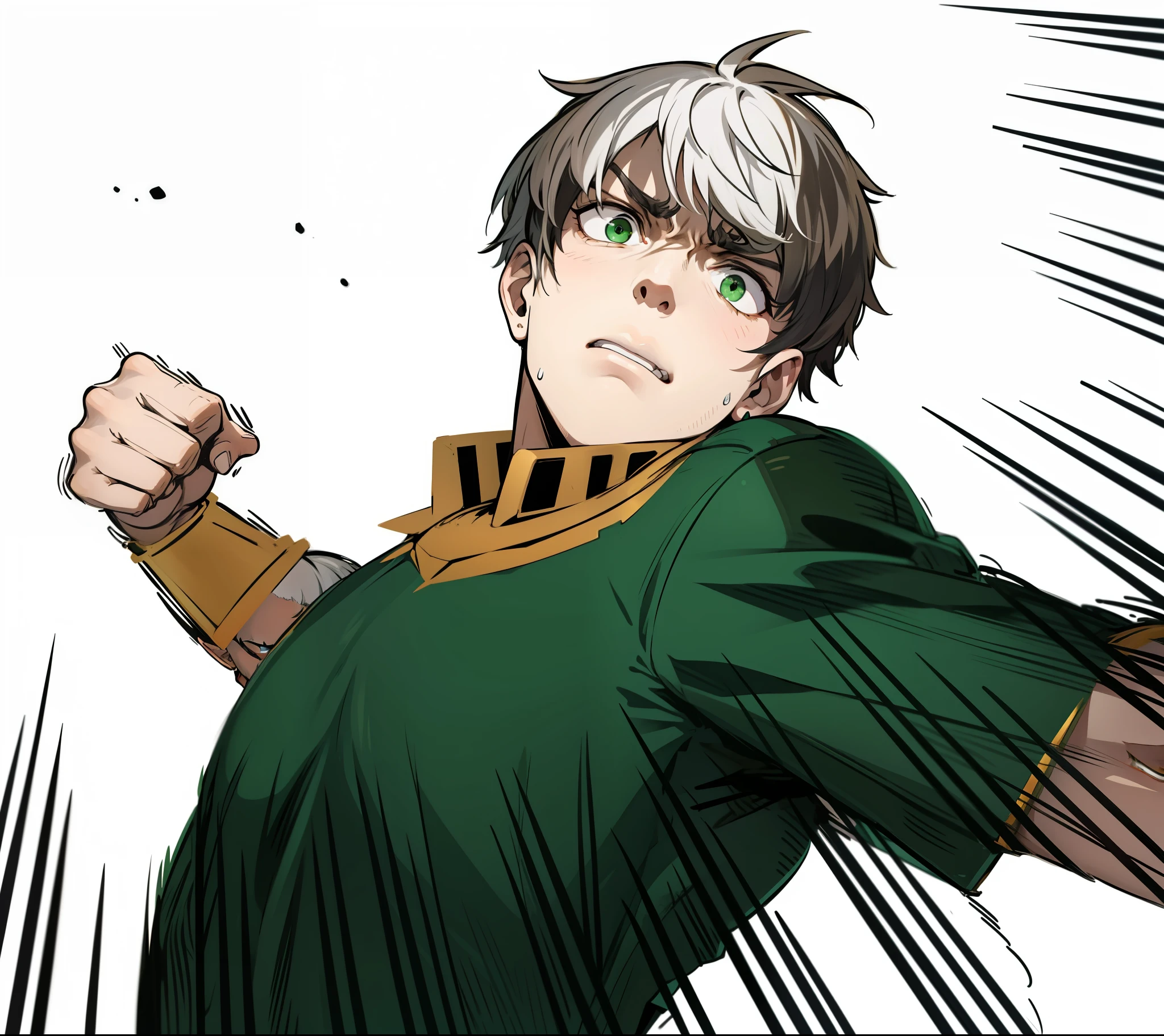 He is angry He is angry He is preparing to strike He is furious His face is angry He is angry Green eyes Golden jewelry White hair 17 years old