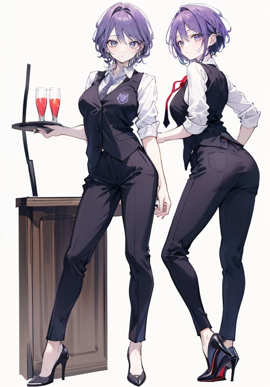 ((Perfect Face)),Purple Hair,short hair,1 female,bartender,,Black vest,tie,High heels,,((Simple White background)),((smile)),((full body)),((whole body)),Portraits,virtual,upright,