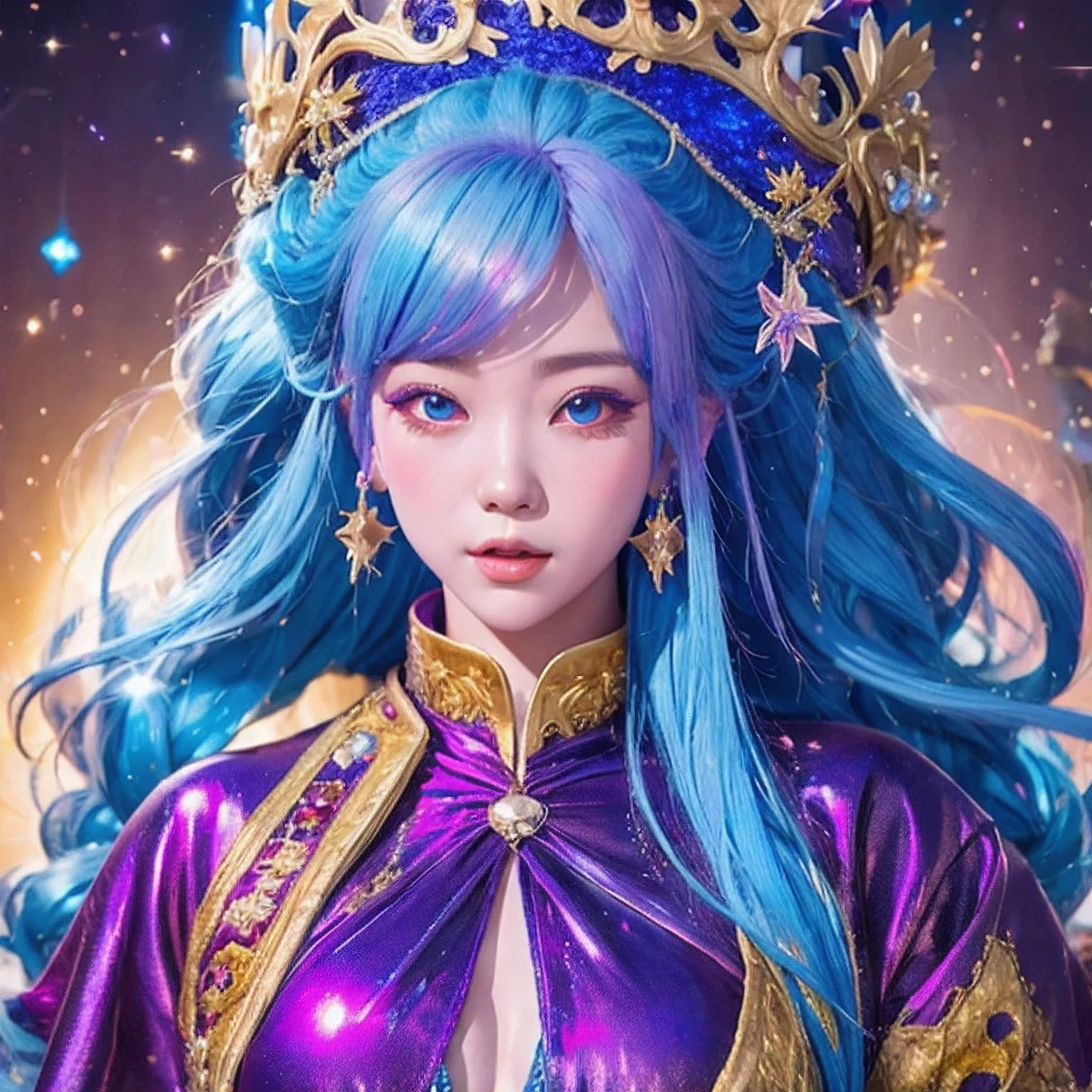 18 years old with blue hair wearing a gold crown and a blue wig, fantasy art style, ((a beautiful fantasy empress)), a beautiful fantasy empress, artwork in the style of Girl, azure. Purple pink hair, 18 years old, palace ， a girl in hanfu, beautiful celestial mage, anime girl with cosmic hair，sunglasses，