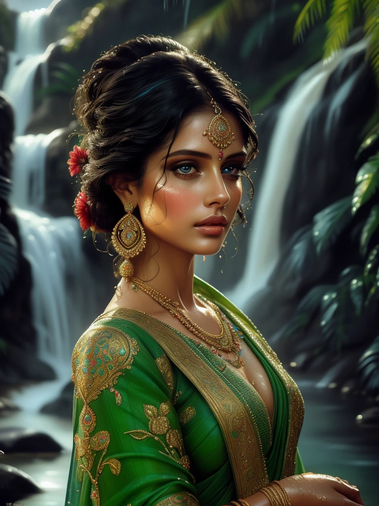 a lady standing under a waterfall, detailed face, beautiful eyes, full lips, long eyelashes, ornate jewelry, sari with open blouse, wet skin, water splashing, lush greenery, dramatic lighting, mist, photorealistic, detailed painting, masterpiece, highly detailed, vibrant colors, dramatic lighting, romantic, sensual,