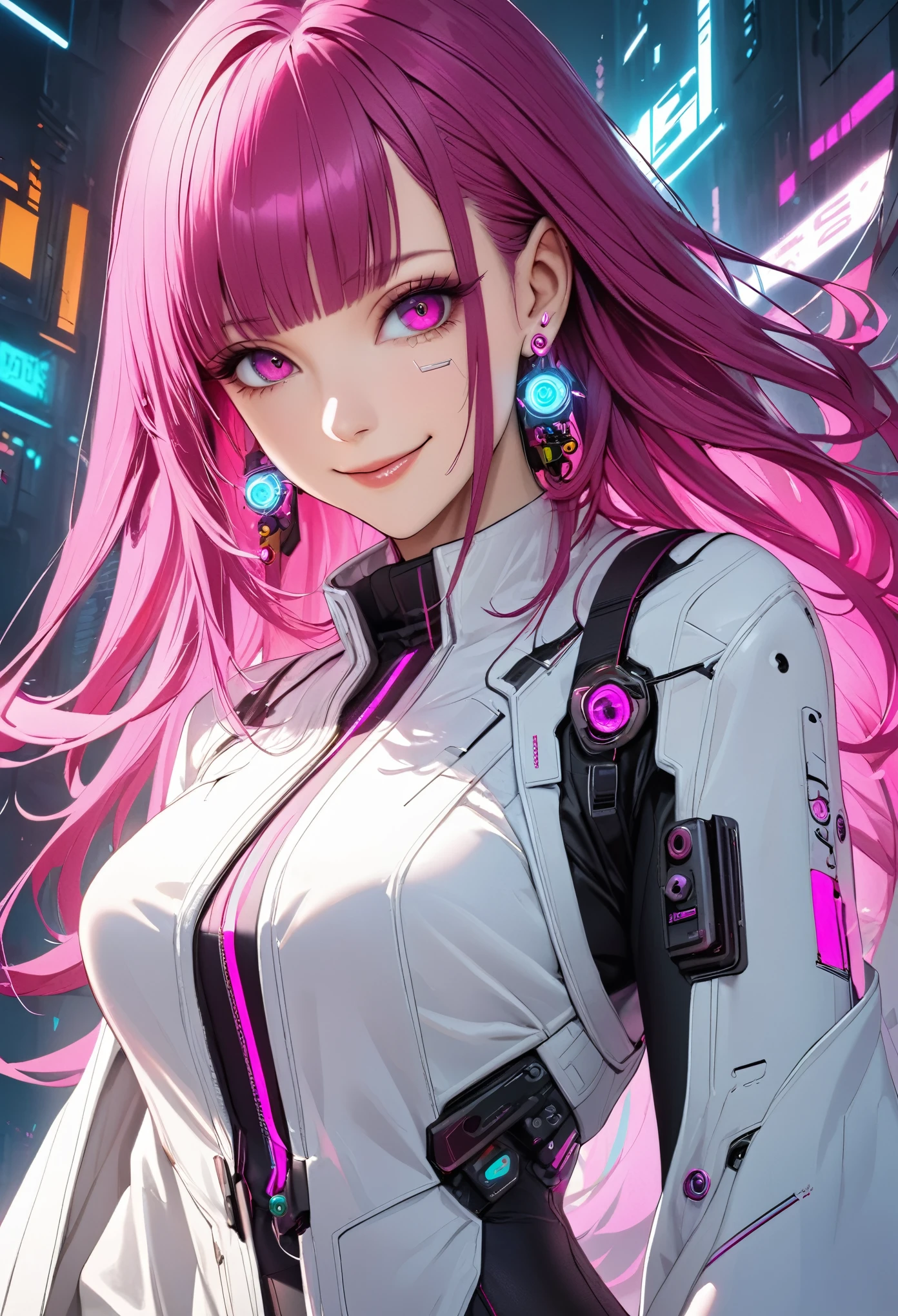 Beautiful, solo, 1 female, mature, long hair, magenta hair with bangs, hotpink eyes, white clothes, smile facial, futuristic, cyberpunk,  dices, earrings