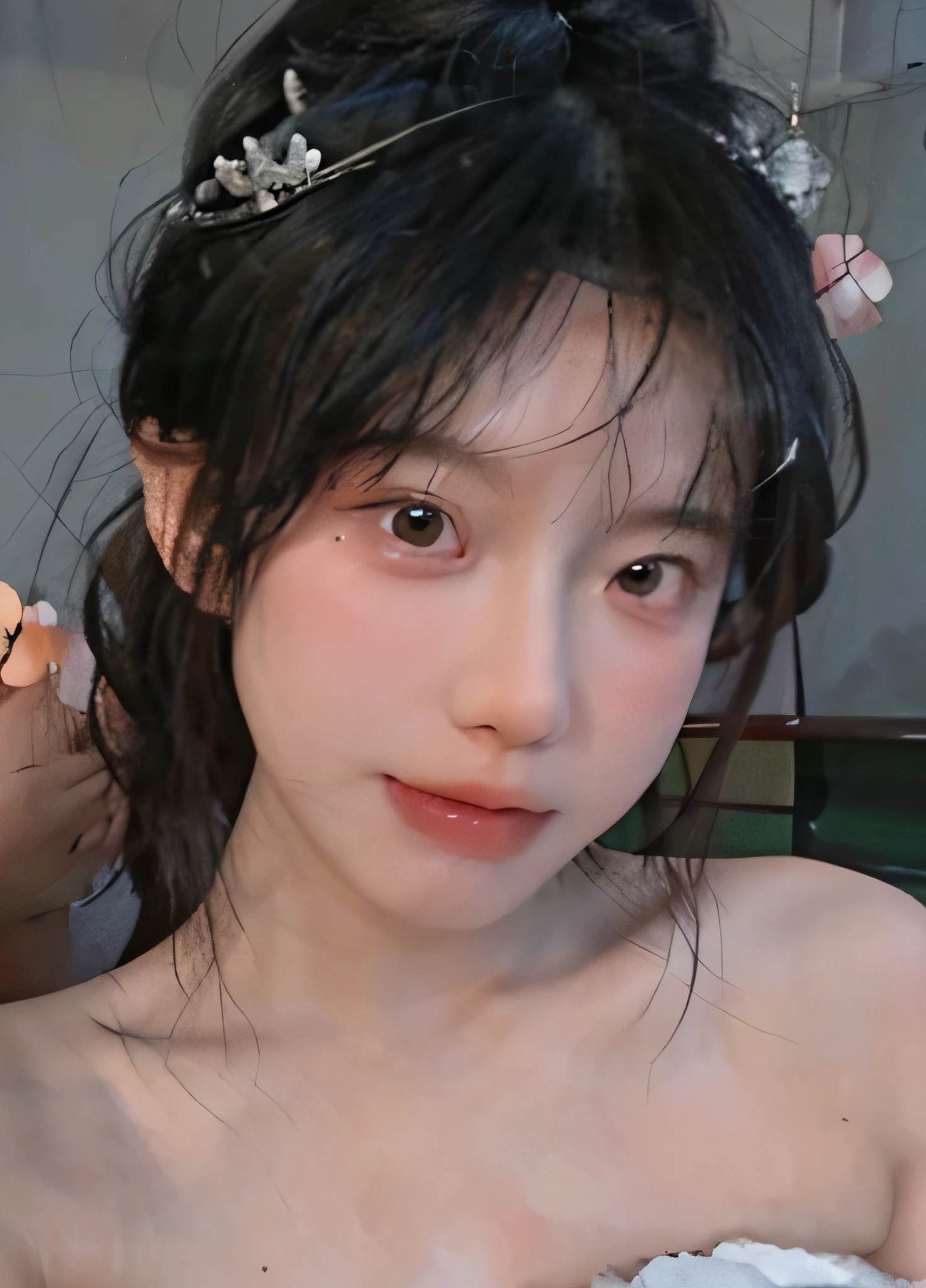 best qualtiy, Ultra-high resolution, (realisticlying:1.4), one-girl, A pair of clear and moving peach blossom eyes,Royal Sister,a sense of atmosphere,a beauty girl(Faded gray-gray hair:1), (big cleavage breasts:1.3), looking at viewert, closeup cleavage ,