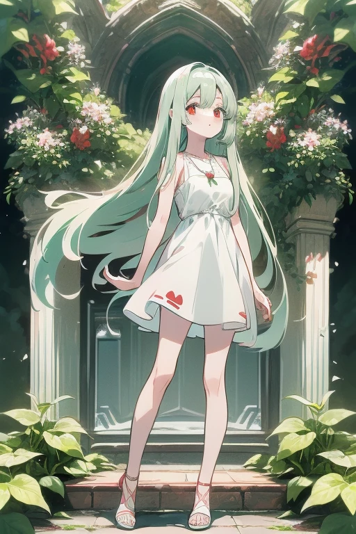 masterpiece, (key anime visual), (((HDR))), ((best quality)), (ultra high quality), (hi-res), ((1 anime girl)) (((red eyes and white skin))), beautiful eyes, ((teen)), (((light green hair))), (bangs left-part), (left part bangs), bangs side, side hairstyle, left side hairstyle, ((side locks)) (long side bangs), (((long straight hair that goes to her knees))), straight hair, wearing a plain white sleeveless mini dress, wearing tan sandals with no socks, (((small breast))), (happy expression), cute, facing camera, in a garden, (standing), necklace short silver heart-shaped on silver chain