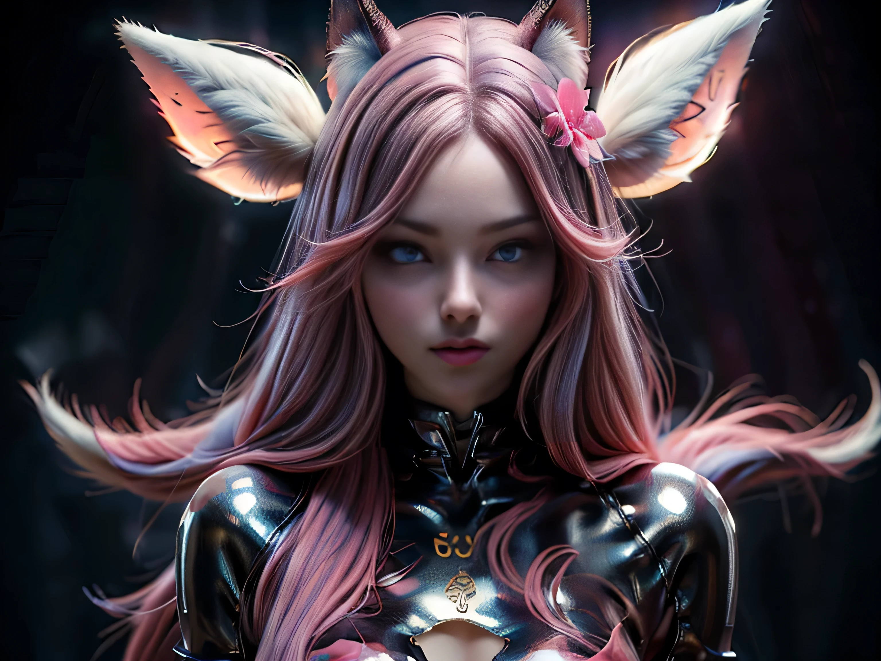 (Best Quality, 8K, Masterpiece, HDR, Soft Lighting, Picture Perfect, Realistic, Vivid), Nine tails of snow white fox(1.0), milk fox tail(1.0), nine tailed fox, anime girl with pink hair and pink, dressed in sexy leather suit, beautiful fantasy anime, very beautiful and cute fox girl, pink flower rain, background blur, anime fantasy, work in the style of Gouves, realistic:1.37, view from above, lies in pink flowers, horizontal view, (ultra high quality fantasy art), masterpiece, male model, ultra high quality female character designs, anime art with 8k development, realistic anime art, highest quality wallpaper illustrations, complex ultra high quality accurate female characters faces, high quality design and accurate physics (super-quality fantasy style)), art, dark fantasy)) Style), masterpieces, super-quality characters, anime resolution - 8K, realistic anime art, wallpapers with the highest quality illustrations, ultra-high detail of faces, high-quality design and physics accuracy), color, depth of field, shadows, ray tracing, production of high-quality computer wallpapers and 8K resolution, (Accurate simulation of the interaction of light and materials)], [High-quality detailed hair [More about beautiful and shiny red hair]], (Beautifully detailed hands [perfect fingers [Perfect nails]], (perfect anatomy (perfect proportions)))) [[Full length]], [Perfect color combination (Accurate imitation of the interaction of light and material)], [art that conveys the meaning of the story ]
