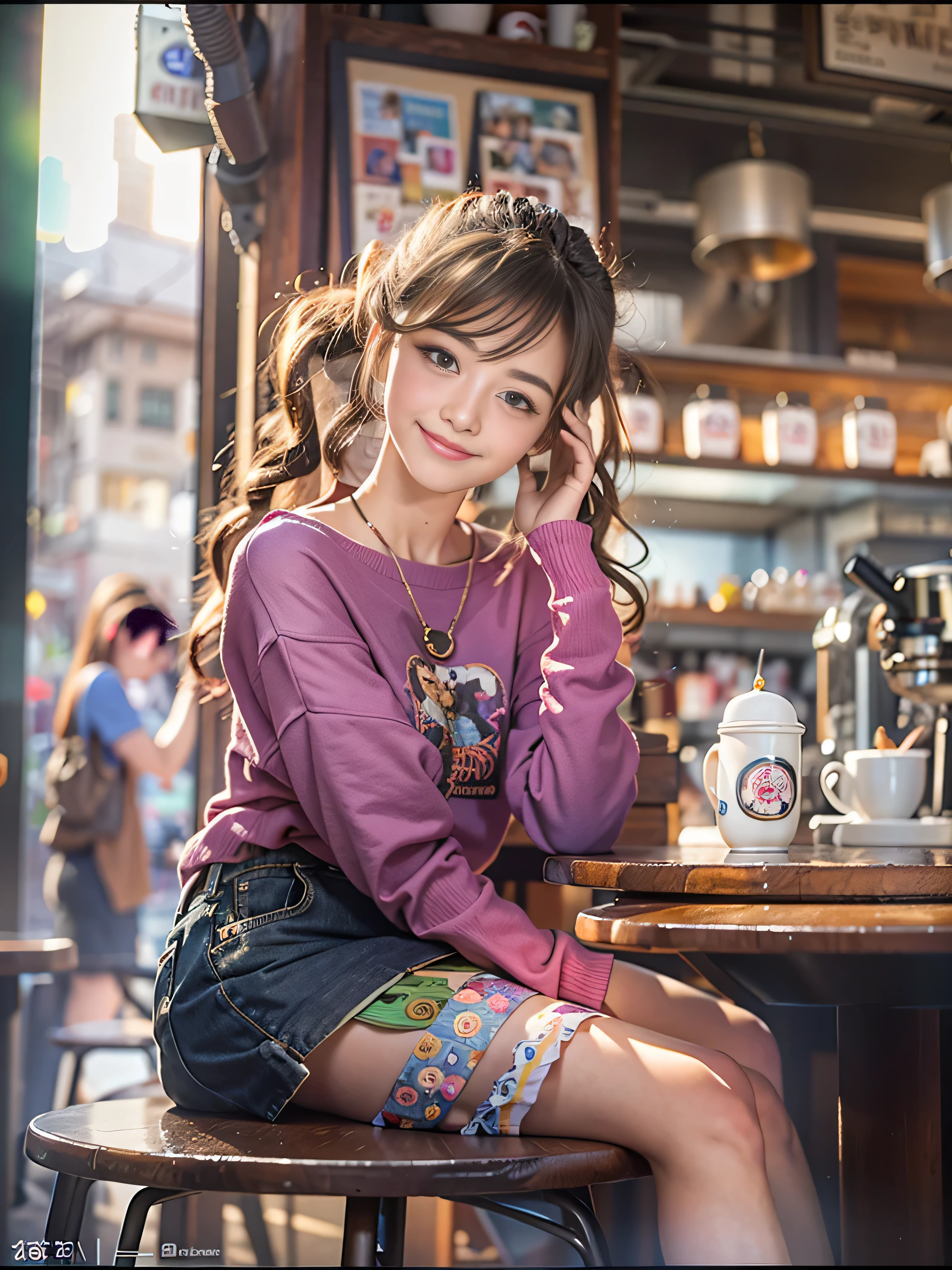 masterpiece、highest quality、Awards、Realistic、extreme realistic detail、Woman relaxing in a coffee shop、Japanese, , smile、Observe the audience、fashionable、Wear brightly colored clothing、Coffee shop on background, Biologically correct,