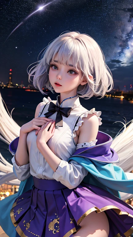 28 year old female。beautiful、City of night、Looking up at the stars in the sky、Serious face、Composition from below、Tons of stars、Place your hand on your chest、Fluttering skirt、Kazarike Nonai white tiny panties showing a little