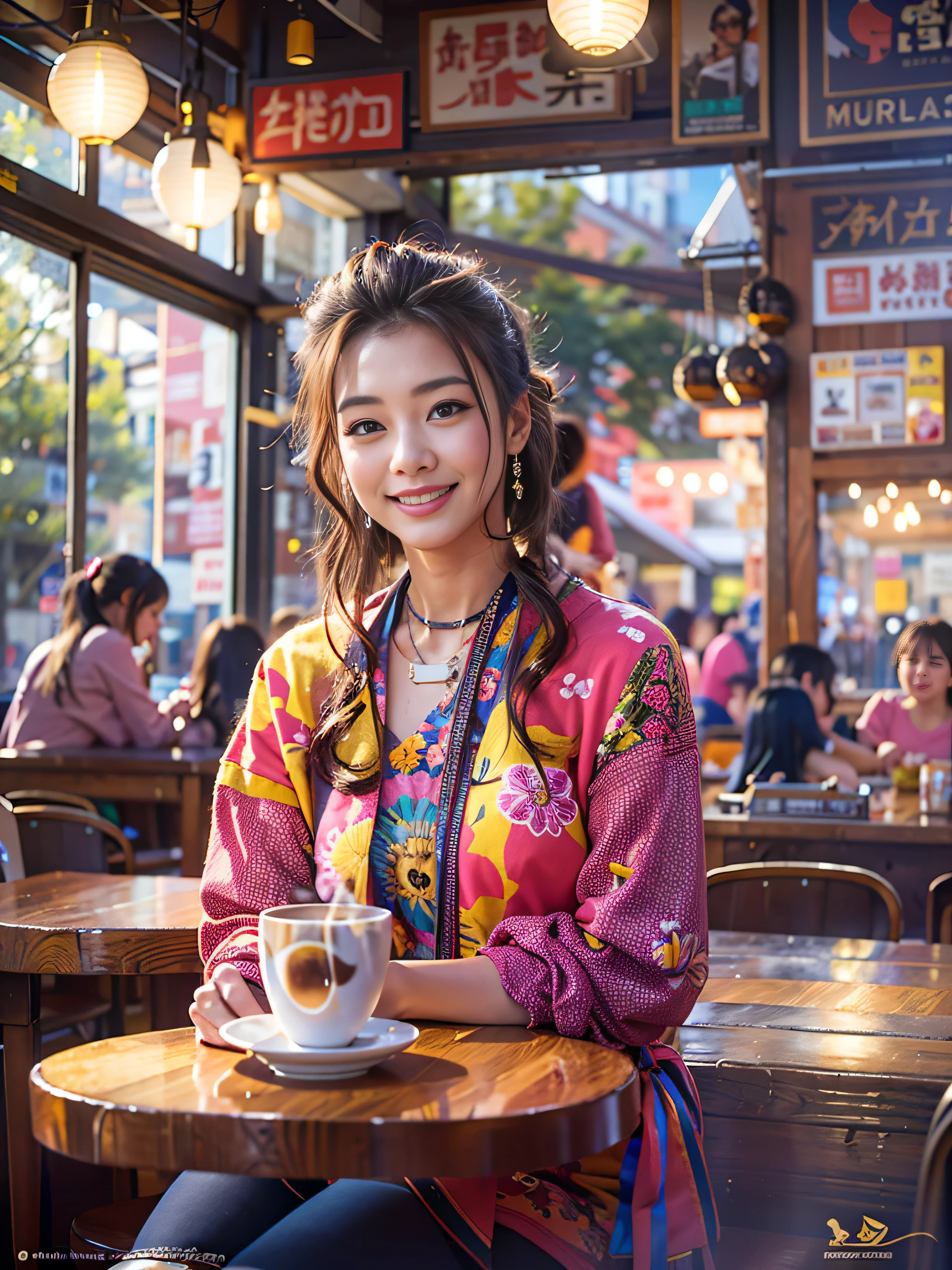 masterpiece、highest quality、Awards、Realistic、extreme realistic detail、Woman relaxing in a coffee shop、Japanese, , smile、Observe the audience、fashionable、Wear brightly colored clothing、Coffee shop on background, Biologically correct,