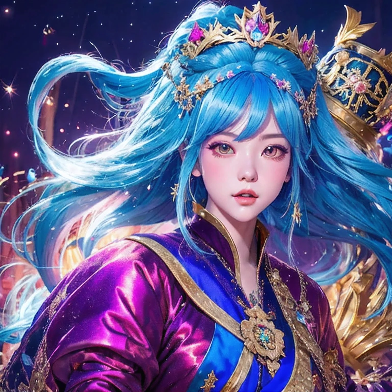 18 years old with blue hair wearing a gold crown and a blue wig, fantasy art style, ((a beautiful fantasy empress)), a beautiful fantasy empress, artwork in the style of Girl, azure. Purple pink hair, 18 years old, palace ， a girl in hanfu, beautiful celestial mage, anime girl with cosmic hair，sunglasses，