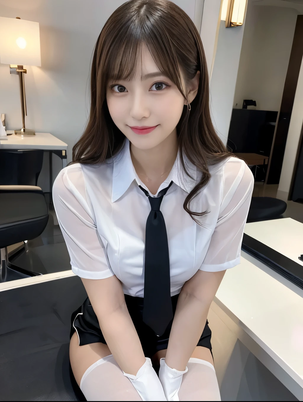 (Perfect Anatomy:1.2),Wearing a white open shirt,The front of the shirt is fluttering,Sexy woman sitting on a chair, Succubus,Wearing pantyhose, Crossing your legs, lower angle, Elegant legs, She wore a miniskirt secretary-style suit., Japanese actress, born,(8k、highest quality、masterpiece:1.2)、(Intricate details:1.4)、(Photorealistic:1.4)、Octane Rendering、Complex 3D rendering with ultra-detail, Studio Soft Light, Rim Light, Vivid details, Super Detail, Realistic skin texture, Detailed and beautiful face, Beautiful details in the eyes,compensate, (Detailed Background:1.2),Glowing Skin,Wavy long hair with no bangs,Random Hairstyles,Cute face:1.2,Age 20,Exposed thighs,Smiling,