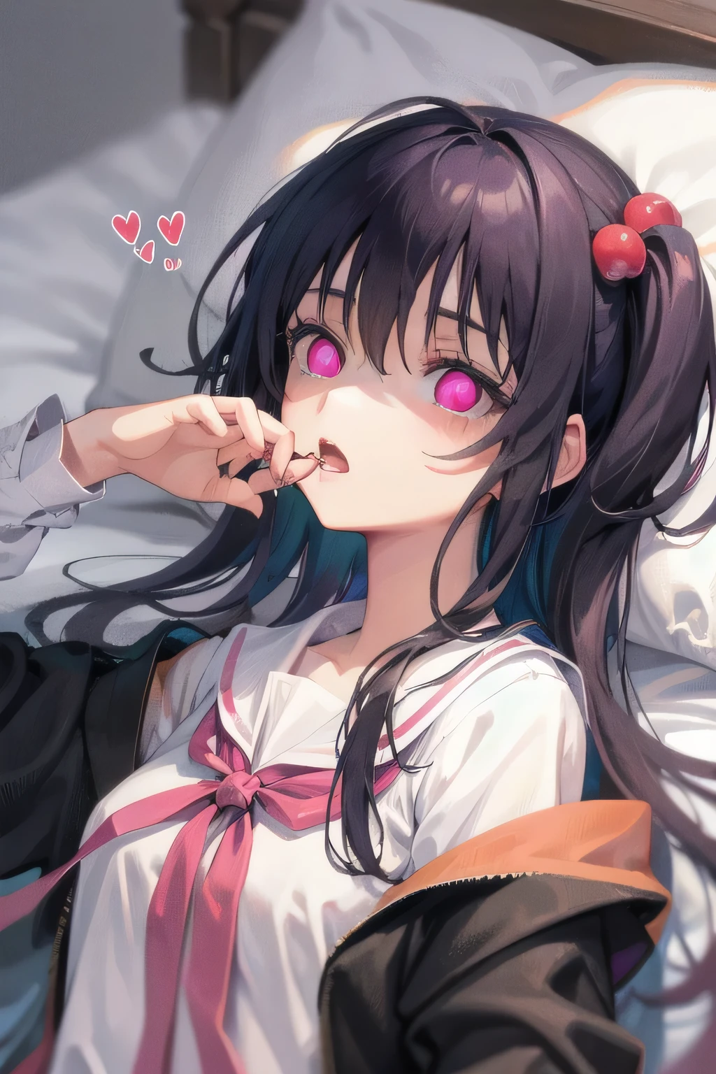 (Tabletop:1.0), (highest quality:1.4), (High resolution:1.2), From the side,Sharp contours, boyish, highest quality, masterpiece,Glasses,Voice of the Heart,yandere,Browsing Caution,On the bed,nude,facial,Excessive ,Chest to chest,Lying face down,Upper Body,Ecstasy,saliva,blush,Squint your eyes,Heterochromia iridis,