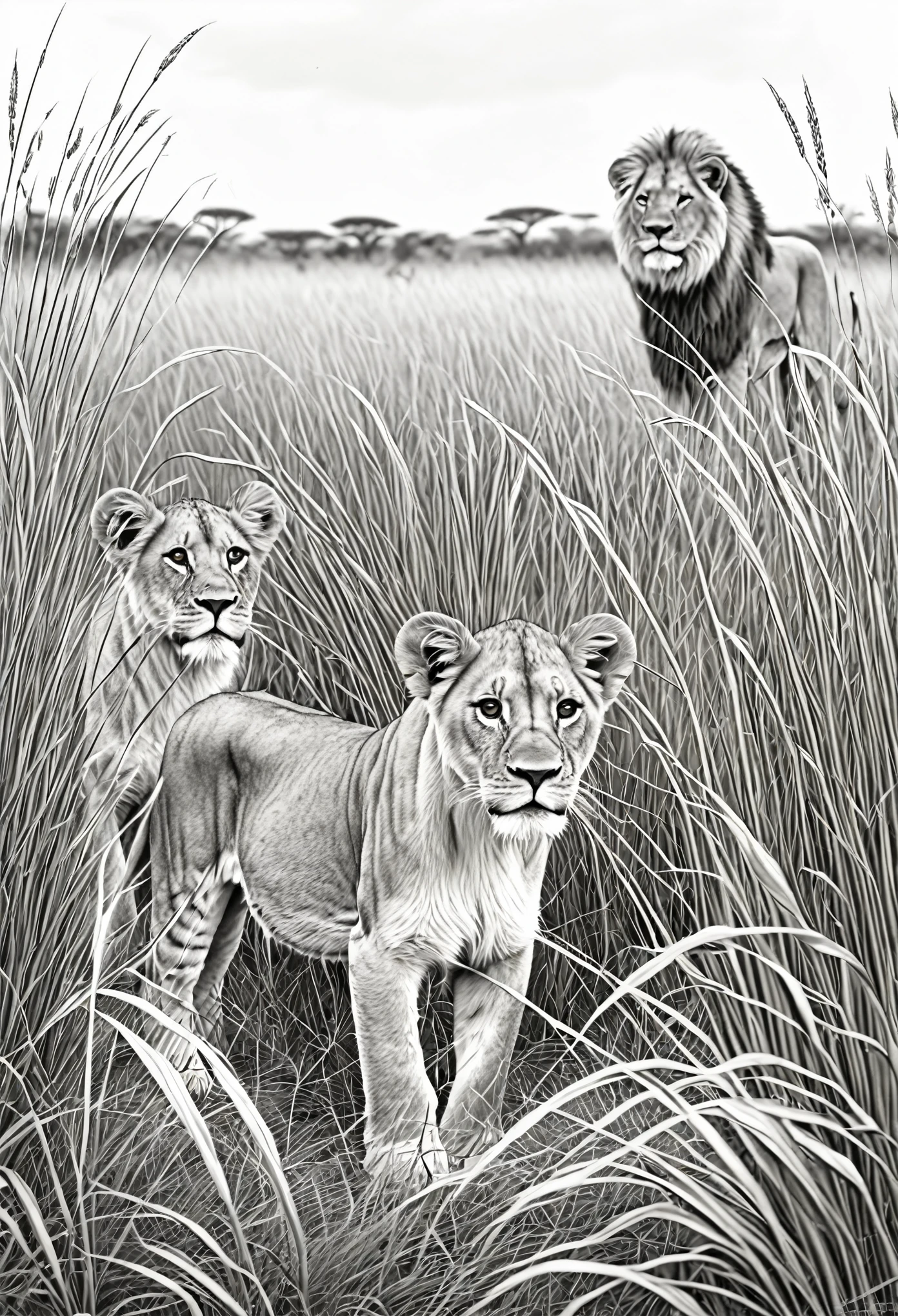 coloring page for kids,realistic detail of whole lion pack in the tall Africa grass lands, pack top quality, black and white