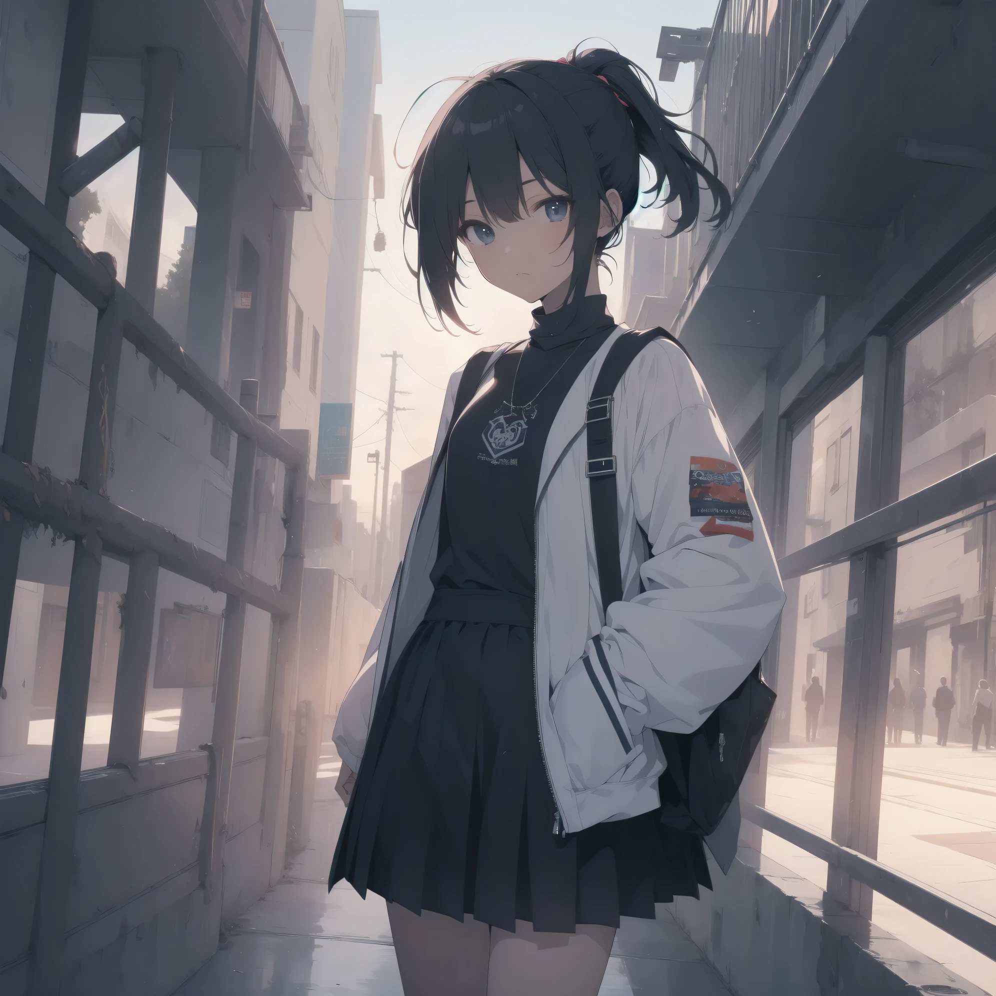 ultra-absurdres-Top quality by artist God, ultra-detailed, high resolution, anime moe artstyle, best anime 8k konachan wallpaper, pixiv contest winner, pool:2810, perfect anatomy,break, 1girl, (Please draw a girl walking sleepily to school alone. )break,(Solo,tomboy, dark-skinned female, 13-year-old:1.3),Full limbs, complete fingers, a junior high school student, androgynous charm, (very short hair, low ponytail), flat chest,slender body, Small butt, groin, small black eyes, beautiful detailed eyes, well-proportioned iris and pupils, expressive eyes, highres detailed hair, soft expression, jk,school_uniform, pleated skirt,(Detailed Lighting), (Detailed background), in the School commute route. break,super detailed skin, Best cinematic lighting powered by famous artist, 8k,beauty illustration,photoshop_(medium),very aesthetic,break,((artist:shino_(ponjiyuusu) )), artist:shinkai_makoto , artist:kantoku , artist:minaba_hideo ,